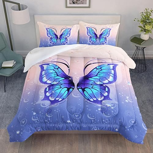 Miniatura 22 de Black Blue Butterfly Comforter Set for Girls Women,Boho Butterfly Sun and Moon Mandala Printed Bedding Set with 2 Pillowcases(Black Blue Twin)