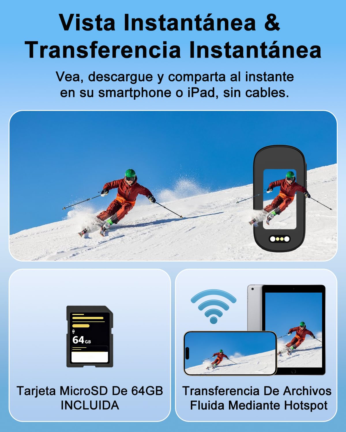 Bextgoo Camara Deportiva, Action CAM 4K WiFi, Cámara Deportiva con Tarjeta de Memoria de 64GB, POV Camara Accion con EIS Antivibración, Body CAM con batería de 1200 mAh e Impermeable IP65