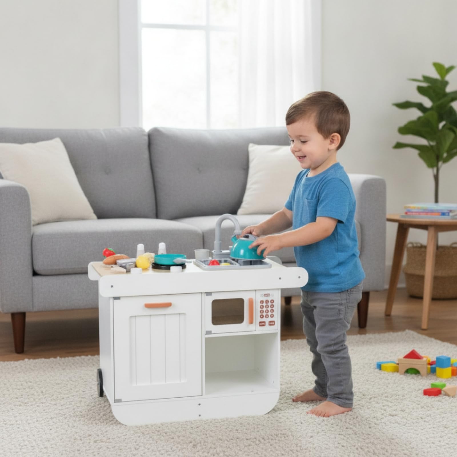 Kinder Spielküche Holz Spielküche Kinderküche Küchenwagen Rollbar mit Spülbecken Herdplatten Und Ofenfach für Rollenspiel Kinderzimmer Zuhause