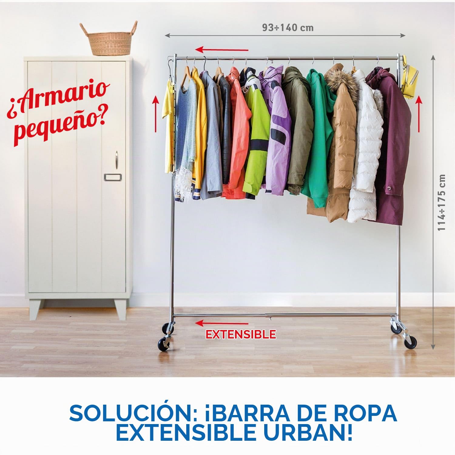 Tatkraft Urban Perchero de Ropa Ajustable de Alta Resistencia con Ruedas de Bloqueo de Grado Industrial, Diseño de Ahorro de Espacio, Extensible de 36.6 a 55 Pulgadas, Capacidad de 60 kg