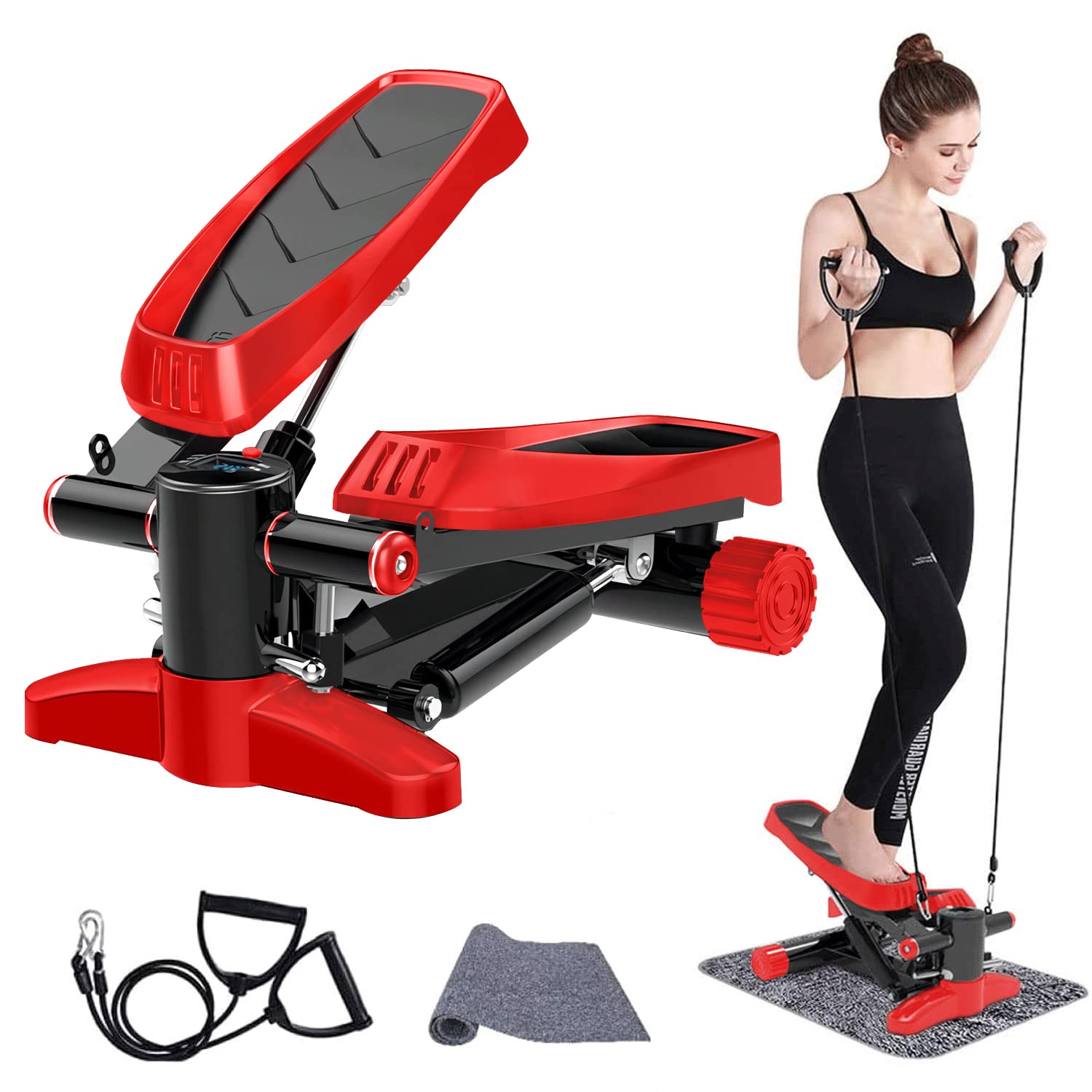 Portable Stair Stepper for Exercise - Mini Stepper Fitness Equipment with LCD Monitor, Resistance Bands and Floor Mat