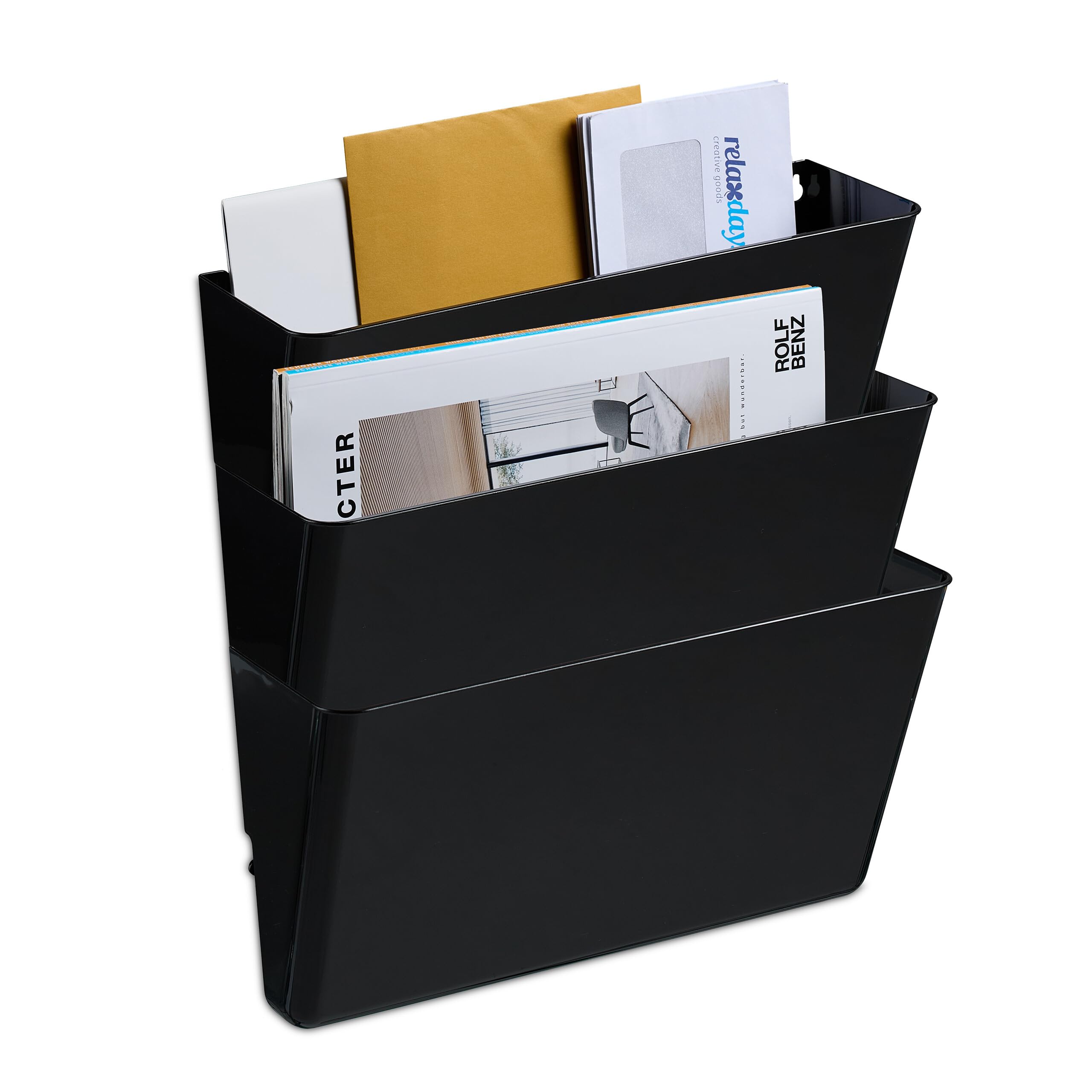 Relaxdays Magazine Holder, Set of 3, A4, Plastic, Hang on Wall, HxWxD: 19 x 33 x 10.5 cm, Newspaper Storage Rack, Black