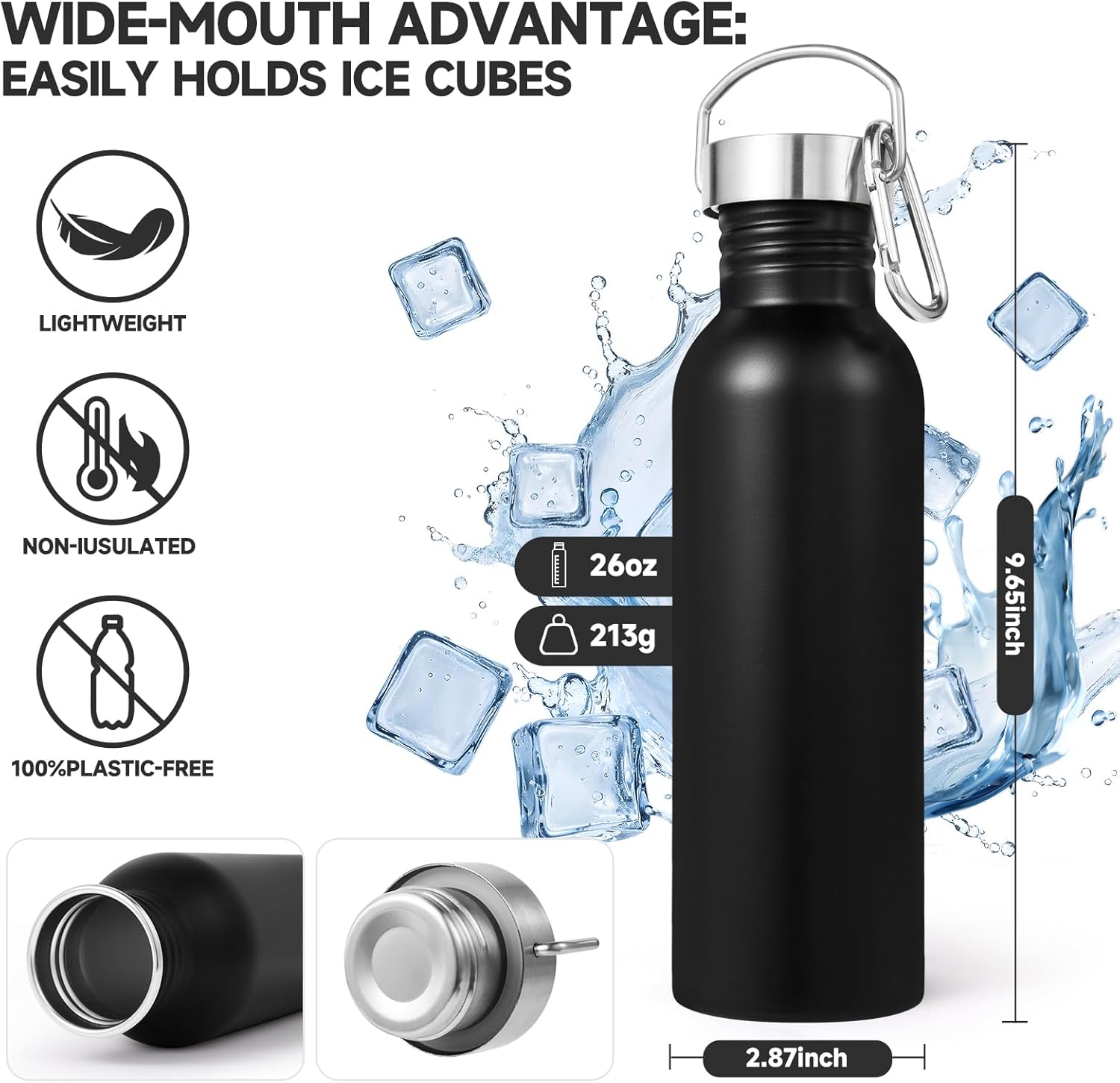 Volhoply 26oz Uninsulated Single Walled Water Bottles 4 Pack, Stainless Steel Reusable Water Bottle with Handle & Carabiner, BPA Free Wide Mouth Water Bottles for Gym Sports Camping（Black,4）