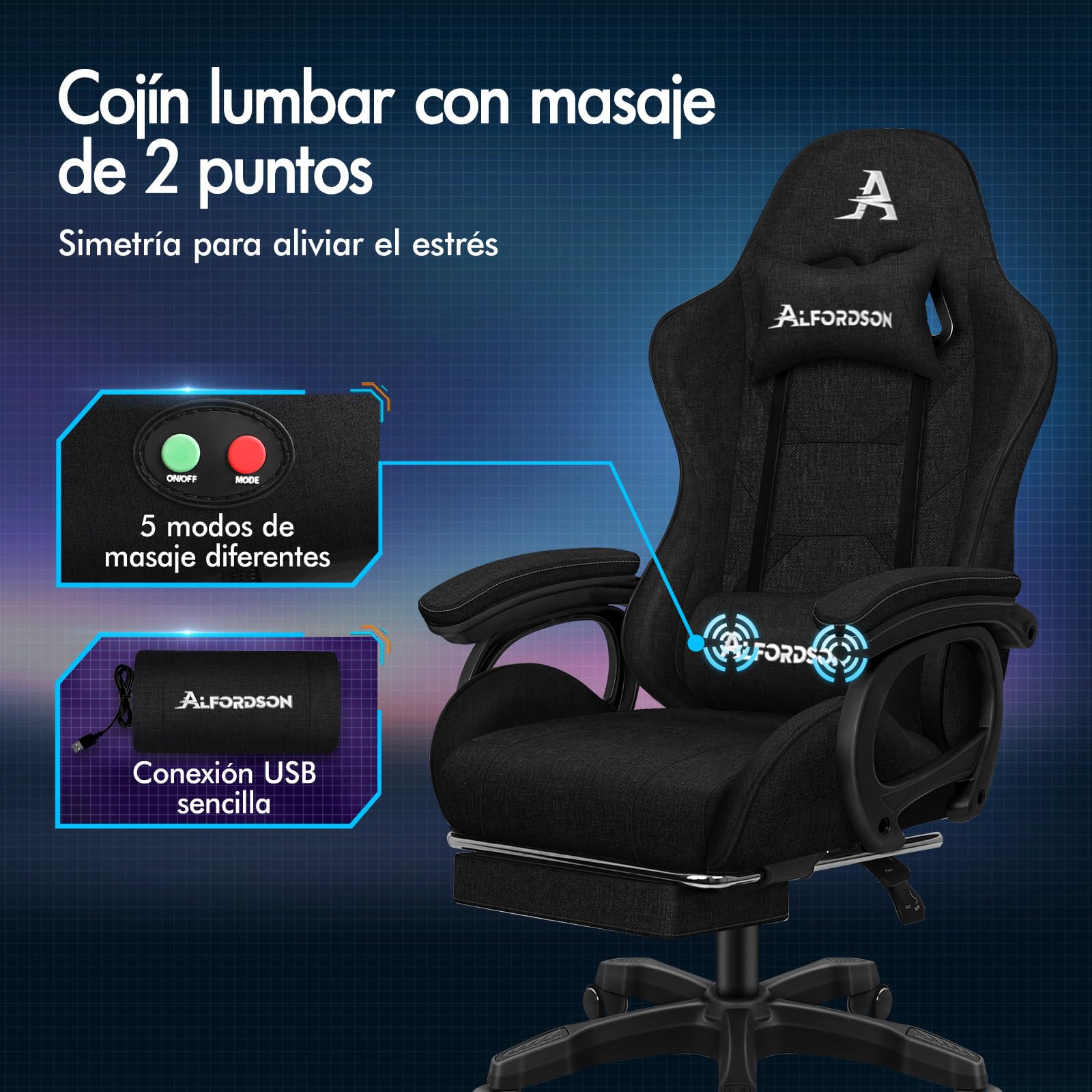 ALFORDSON Silla Gaming Oficina Reclinable con Masajeador, Silla Gamer Ergonómica con Cojín Lumbar y Cervical, Respaldo Alto Acolchado, Ideal Videojuego,Escritorio,Ordenador,Oficina, Lino(Negra)