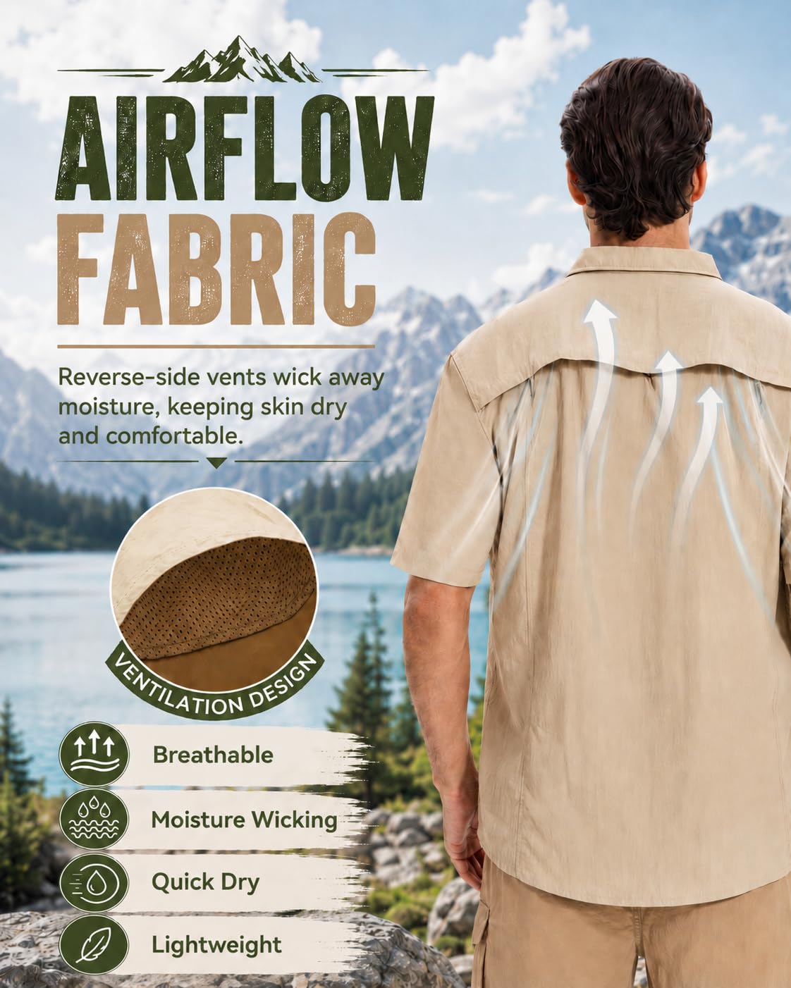 AMZSPORT Camicia da Uomo Funzionale A Maniche Traspirante con Bottoni Escursionismo Outdoor Protezione UV per Esterni, Sport, Tempo Libero, Pesca