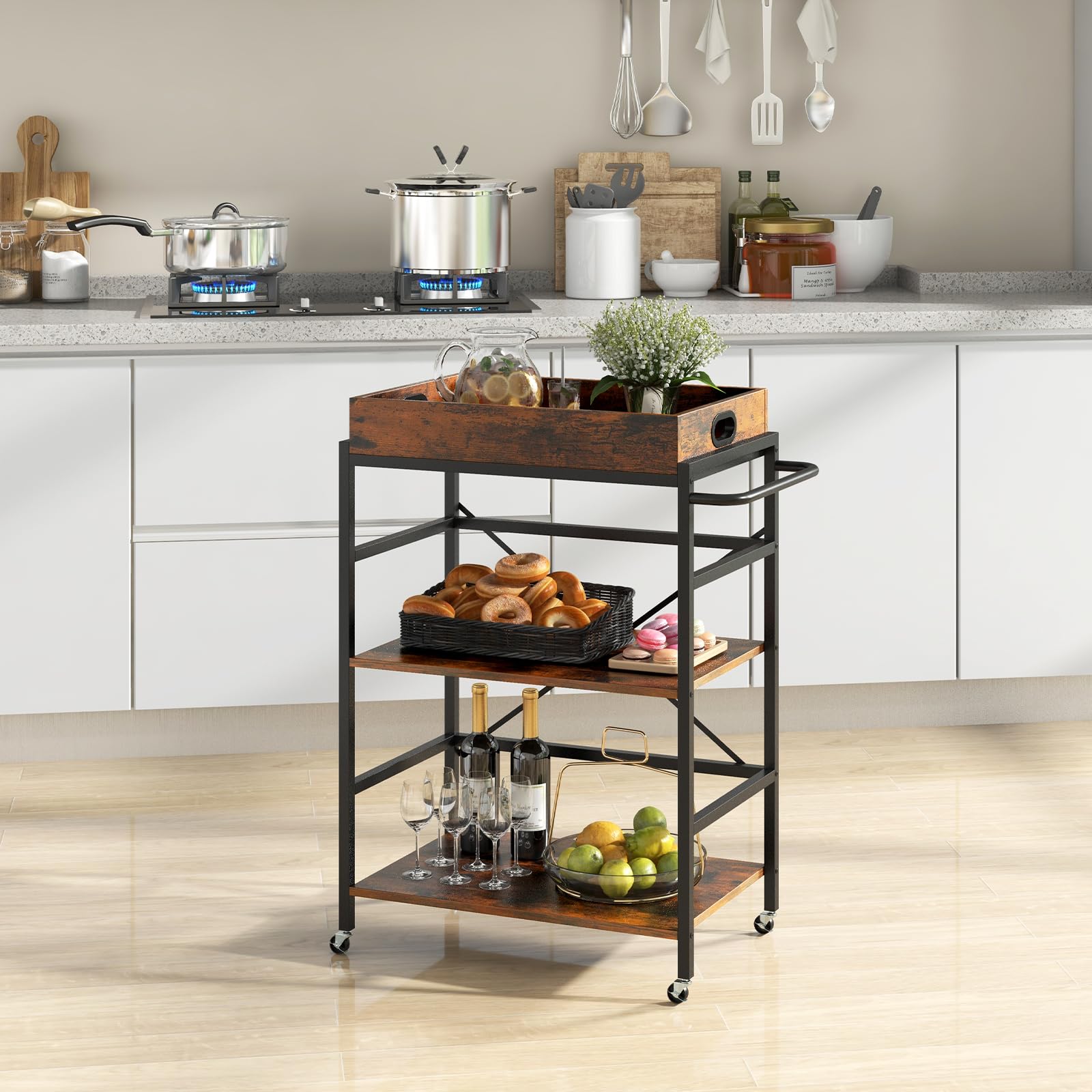 GOPLUS Carro de Cocina de 3 Niveles con Ruedas, Carro de Servicio de 3 Niveles con Bandeja Extraíble, 4 Ruedas Universales Bloqueables, Carro de Estilo Industrial, para Cocina Comedor