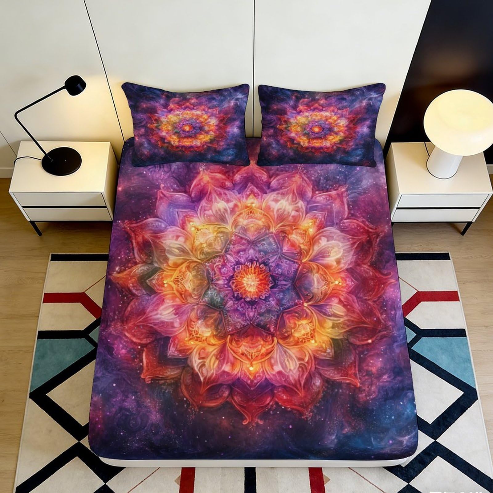3D Printed Mandala Flower Fitted Sheet Microfiber Soft Breathable Lotus Burst Mattress Cover for Bedroom Dorm Decor 180x200x25cm