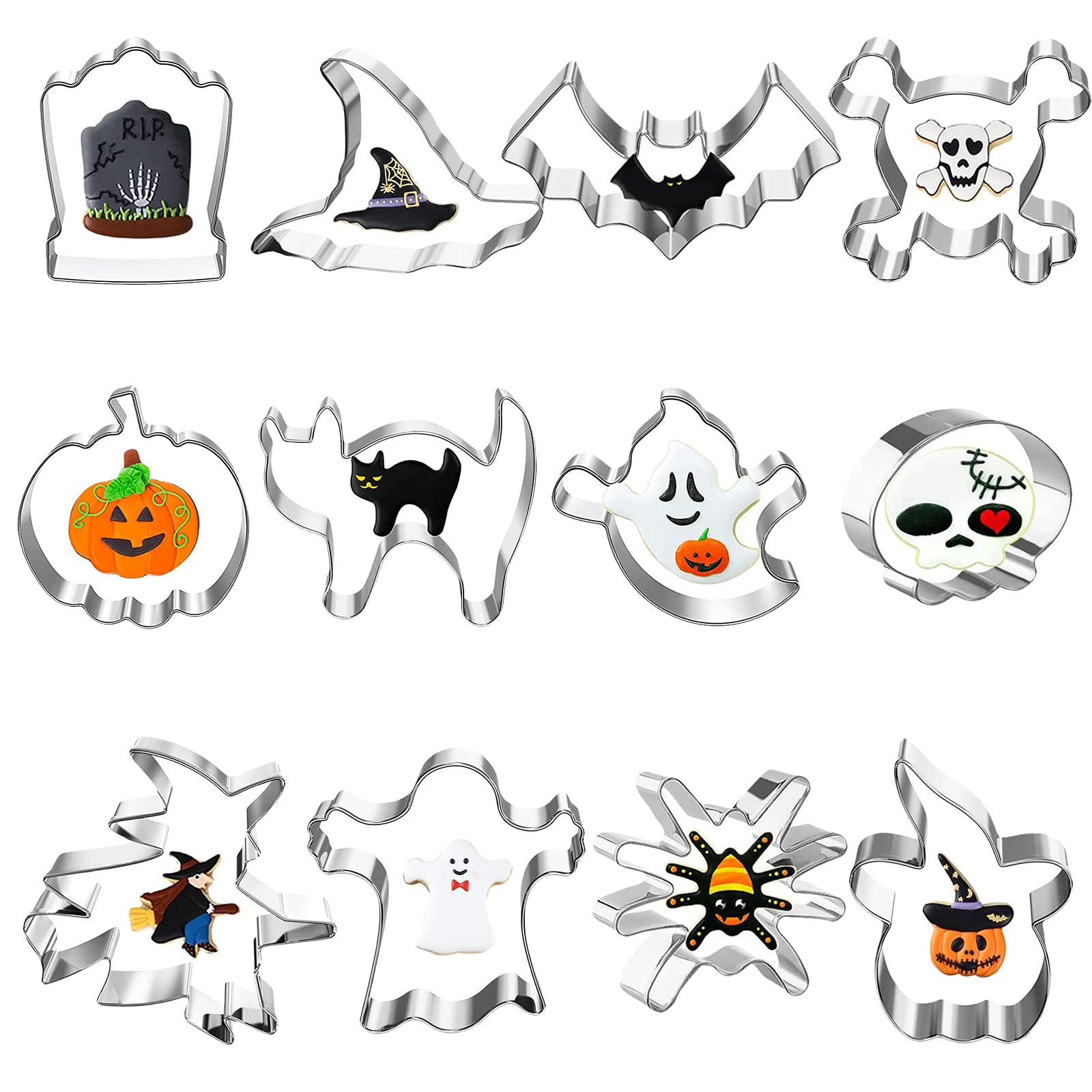 Gxhong Cookie Cutter Set, 12 Pieces Halloween Cookie Cutters Black Cat/Pumpkin/Skull/Spider/Bat/Ghost Cookie Cutter for Biscuits, Baking Fondant Cutters