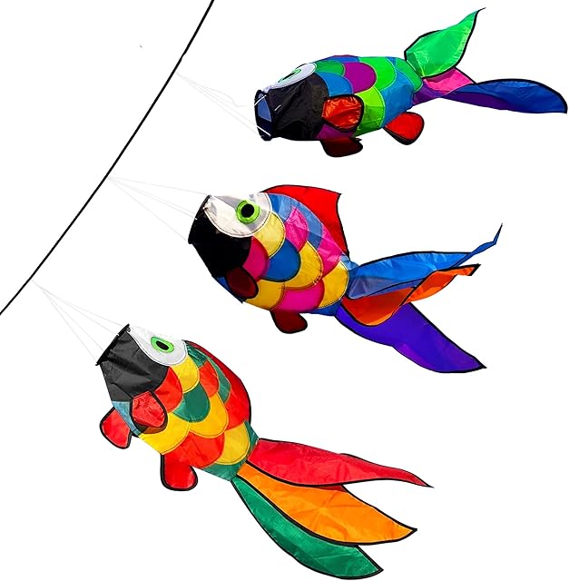 emma kites Cute Rainbow Fish Windsock Rainbow Spiral for Backyard Garden Patio Decoration Beach Wind Game Mark Flyer Swivel - Pack of 3