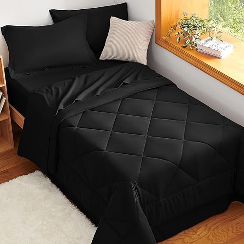 Miniatura 5 de CozyLux Juego de edredón individual XL, negro, toda la ropa de cama en una sola bolsa, 5 piezas edredón, encimera, bajera y funda almohada y
