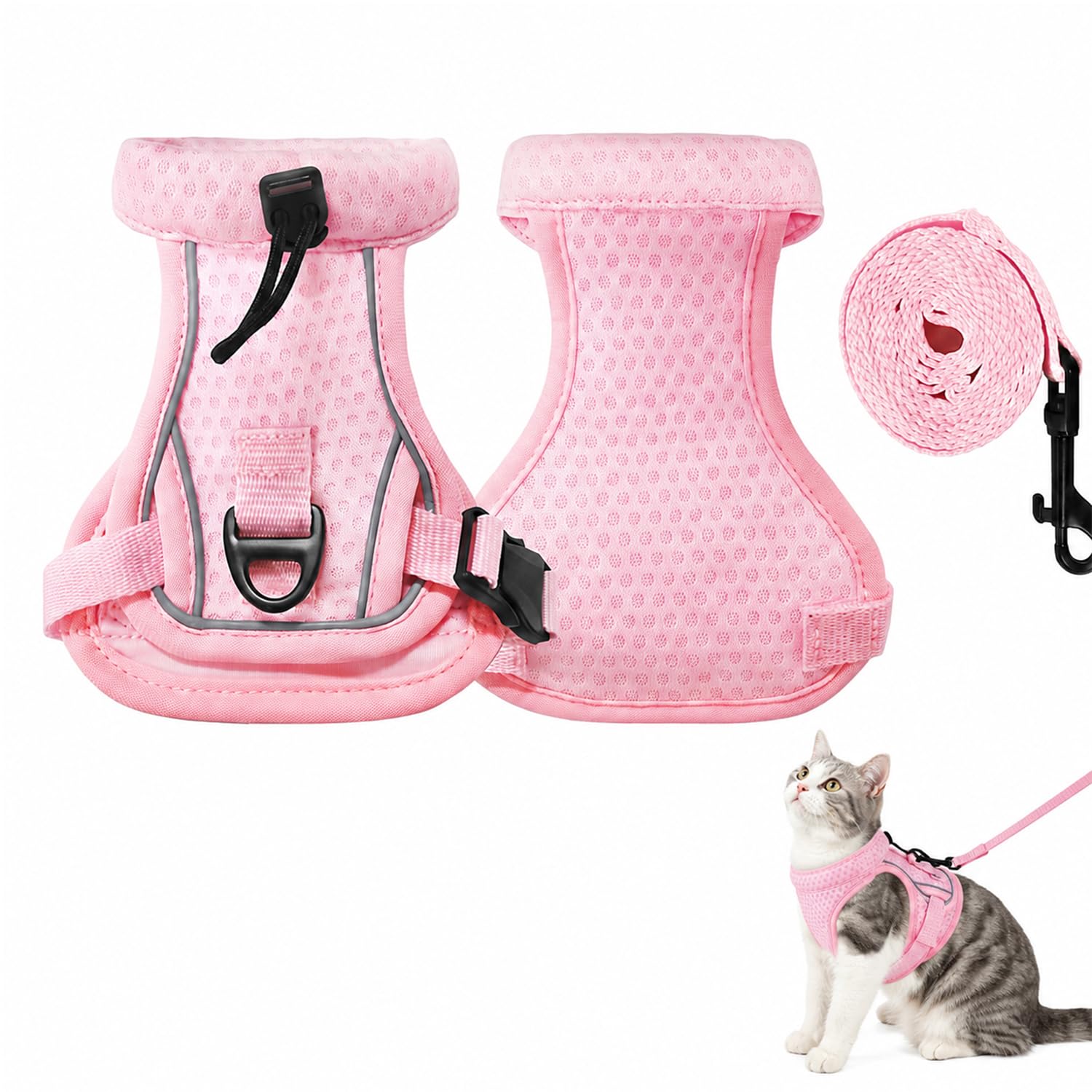 Cat Harness and Lead Set, Escape Proof Cat Harness with 1.4m Leash, Adjustable Reflective Vest for Outdoor Walking, Breathable Mesh (Pink, L)