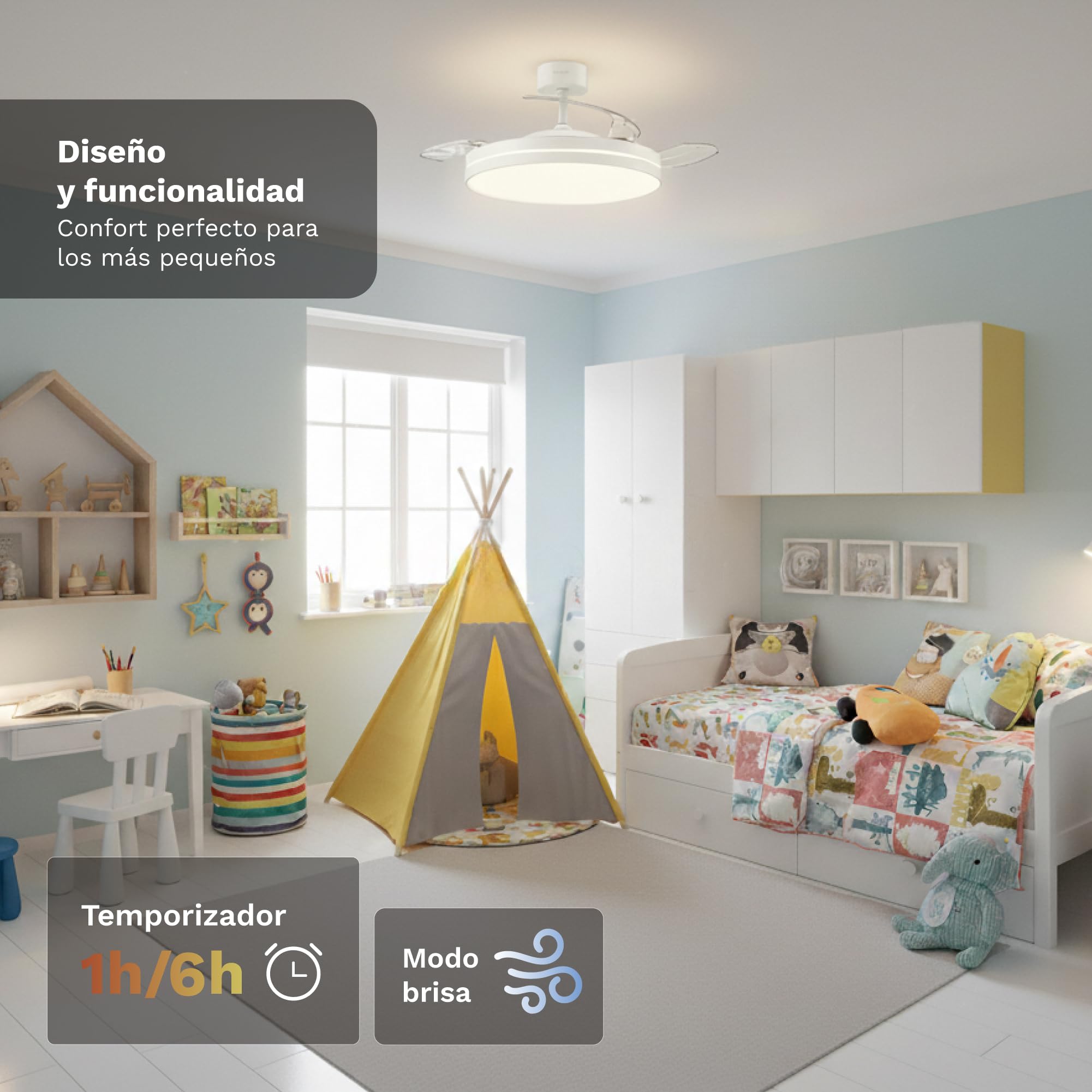 Grunkel Ventilador de Techo 42” | Motor DC 30W | Aspas Retráctiles | Luz LED 24W | 6 Velocidades | Rotación Inversa | Mando a Distancia |