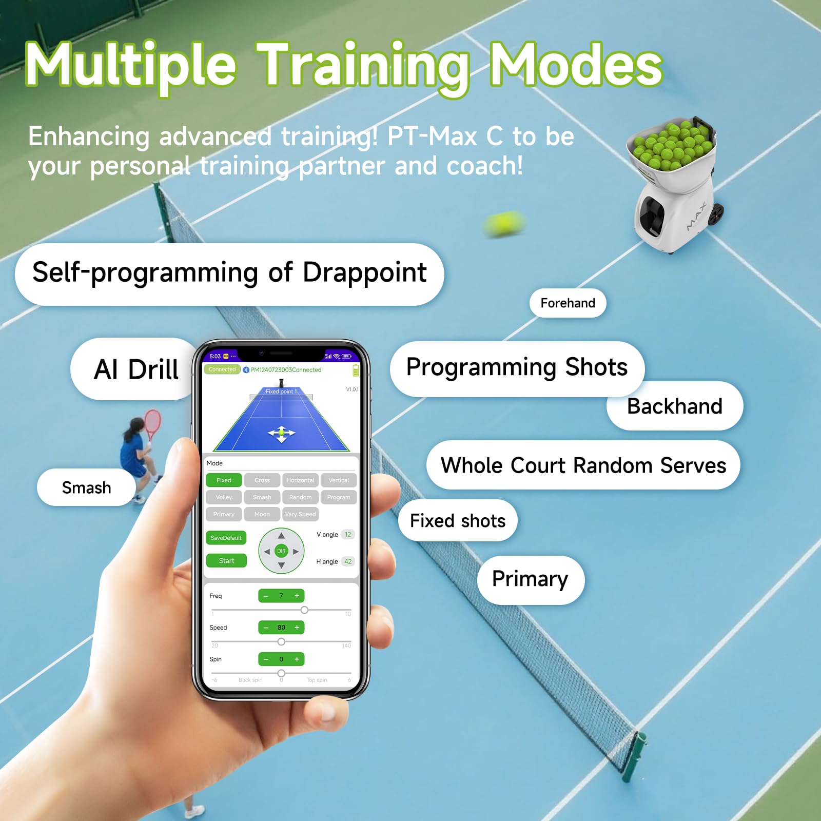 PUSUN PT-Max C - Lanciatore di palline da tennis, capacità 145+ palline, doppia app e telecomando, 28 modalità di allenamento auto-programmazione, nero, 1 pezzo