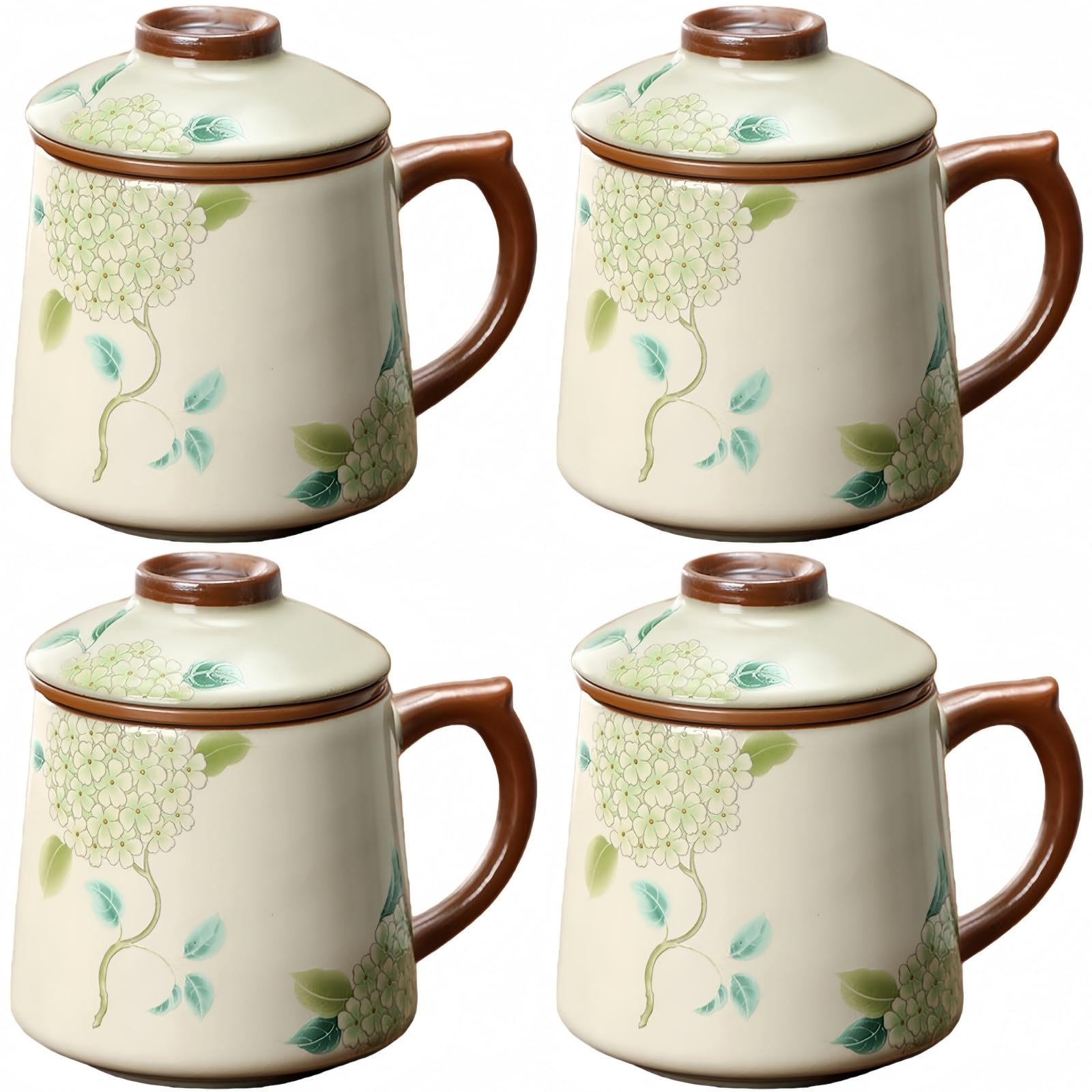 Ceramiczna filiżanka do herbaty z pokrywką 400 ml, separacja herbaty z sitkiem i uchwytem, 2 kolory (wzór Hydrangea), zestaw pojedynczy lub 4 sztuki (zielony, 4 sztuki)