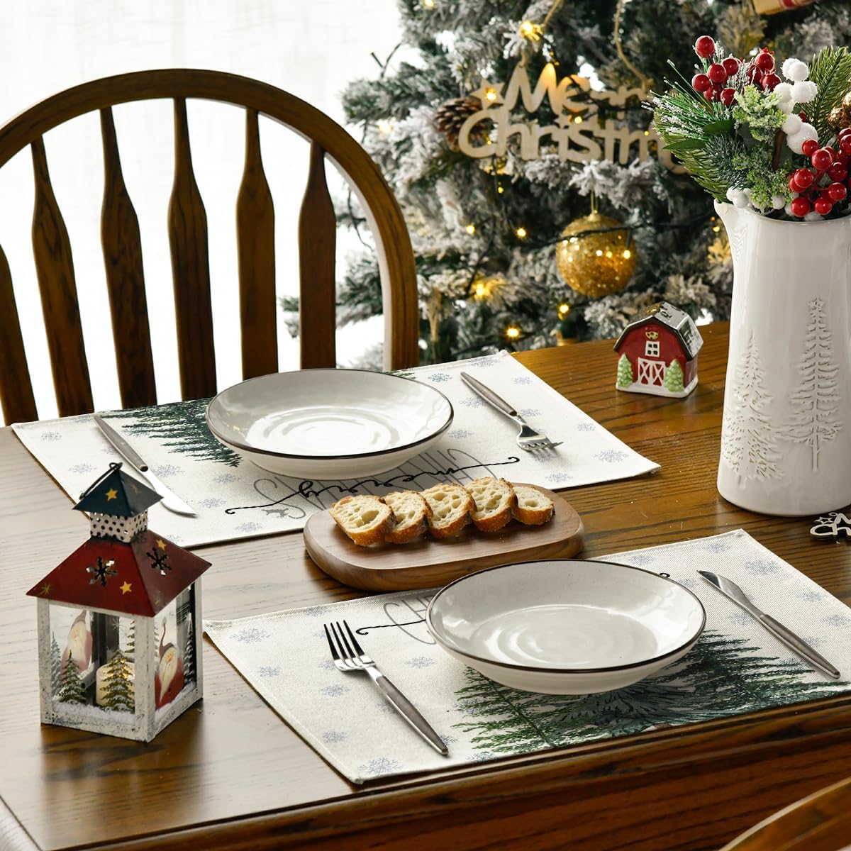 Conjunto de 4 jogos americanos de pinheiro bege, floco de neve, Feliz Natal, 30,5 x 45,7 cm, para decoração de festa, cozinha, jantar Conjunto de 4 jogos americanos de pinheiro bege, floco de neve, Feliz Natal, 30,5 x 45,7 cm, para decoração de festa, cozinha, jantar