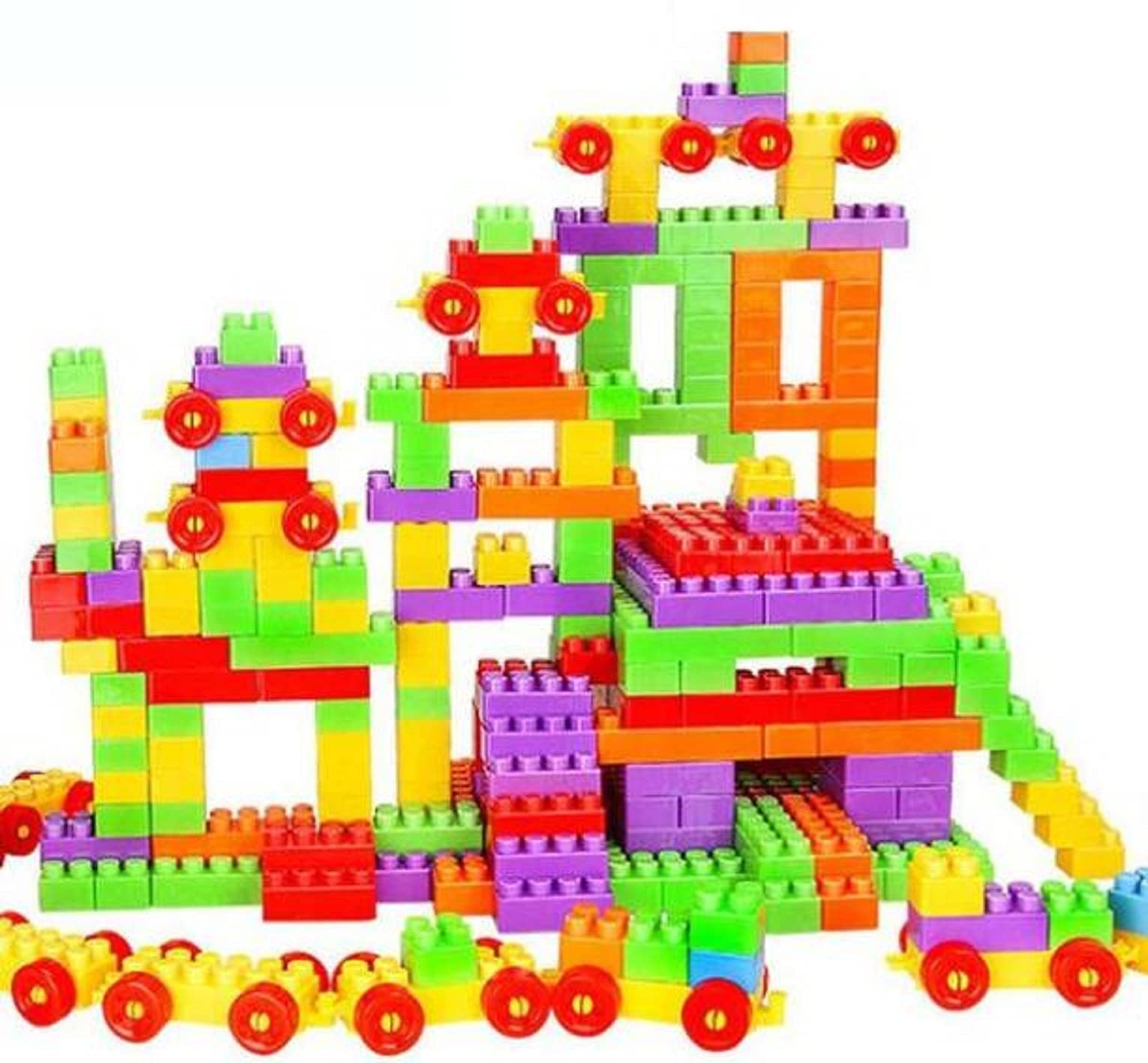Adichai 120 Plus Pieces Multicolor Small Building Bricks and Blocks for Kids with Wheel Age 3+, Smart Activity Fun and Learning Train Blocks for Kids, Small 120 Pieces, Multicolor