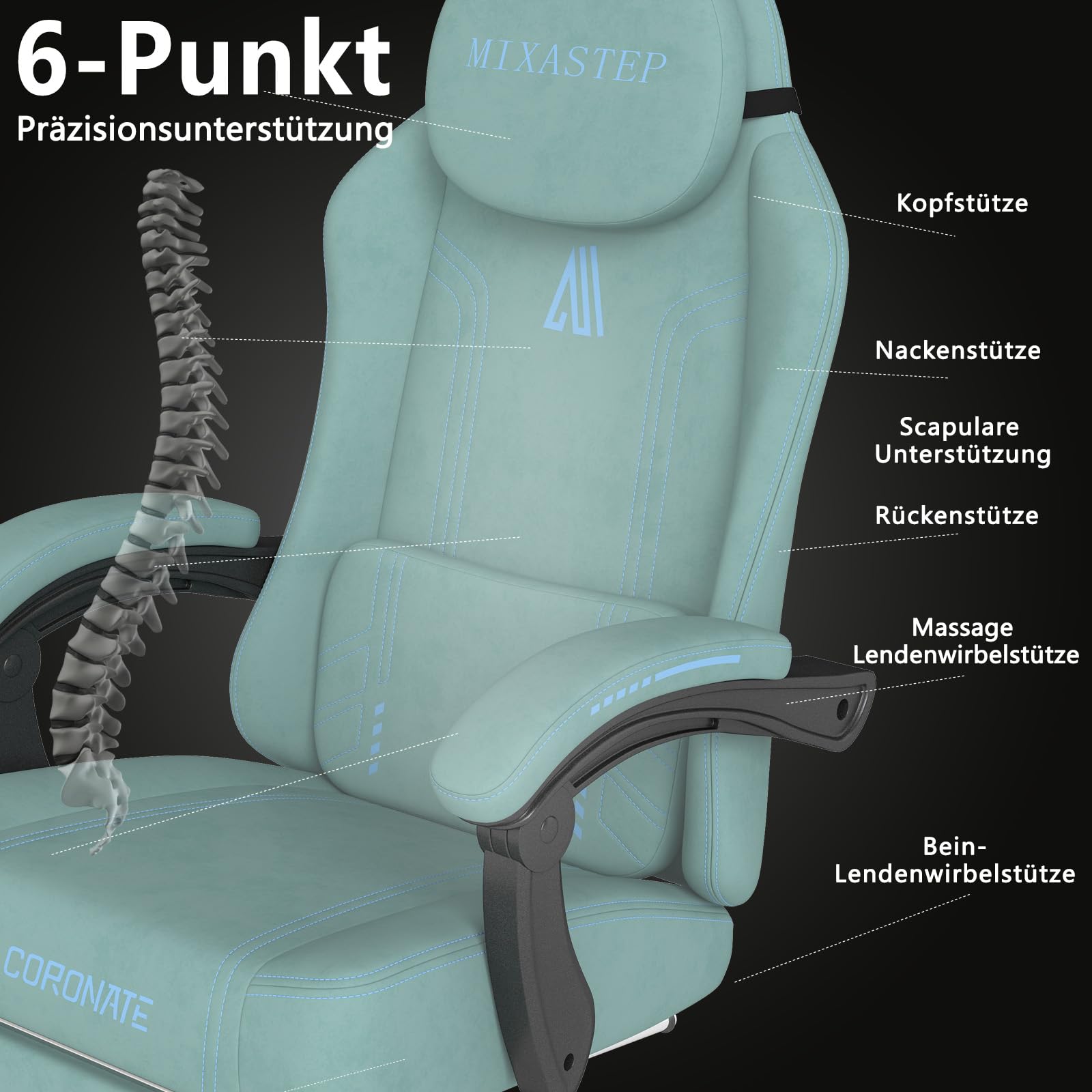 MIXASTEP Gaming Stuhl Ergonomisch mit Verstellbarer Rückenlehne & 360° Drehfunktion - Bürostuhl für Erwachsene/Jugendliche 150KG,PC-Stuhl aus Technologiegewebe in Blau für Homeoffice/Gaming