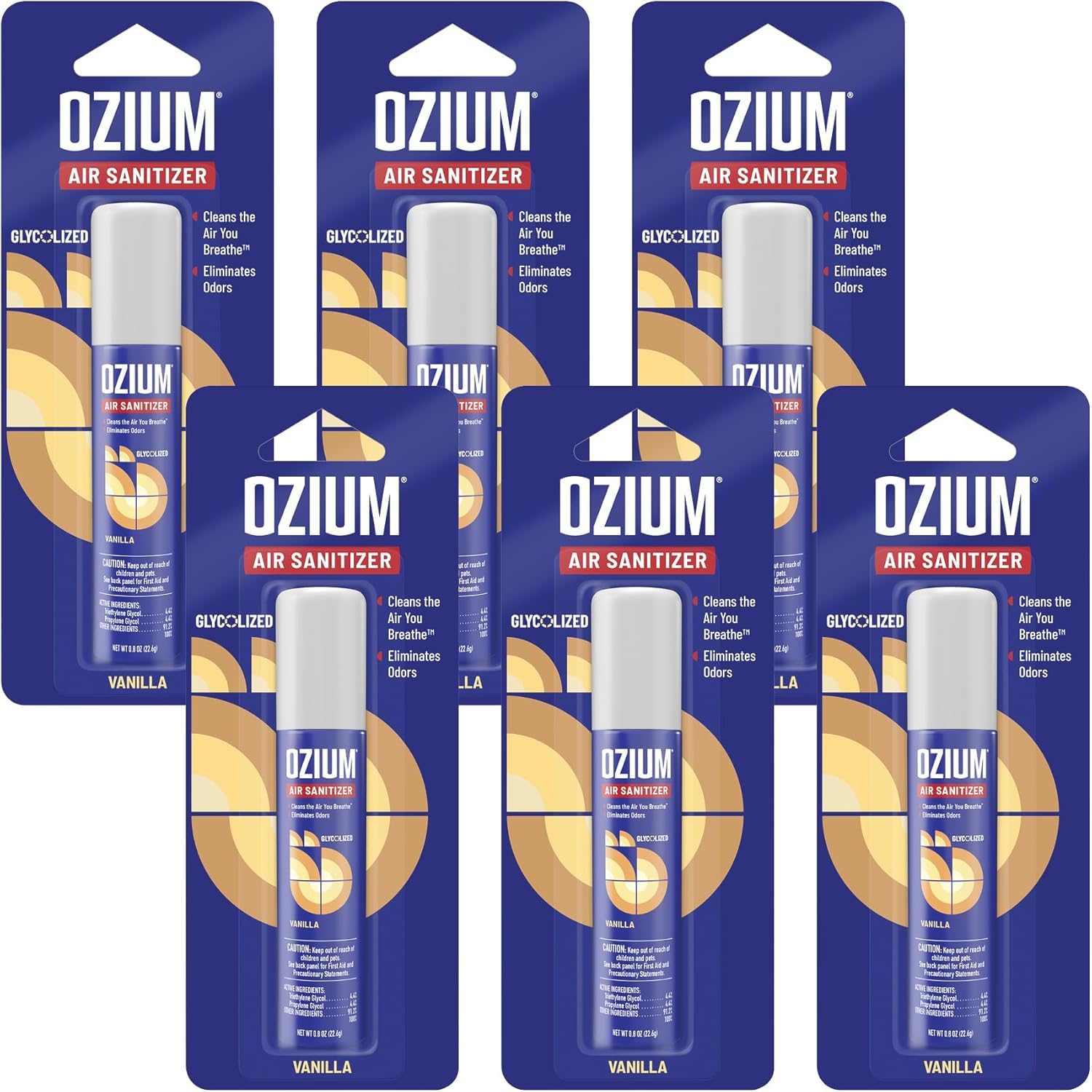 Ozium 0.8 oz. Air Sanitizer & Odor Eliminator for Homes, Cars, Offices and More, Vanilla Scent, Pack of 6