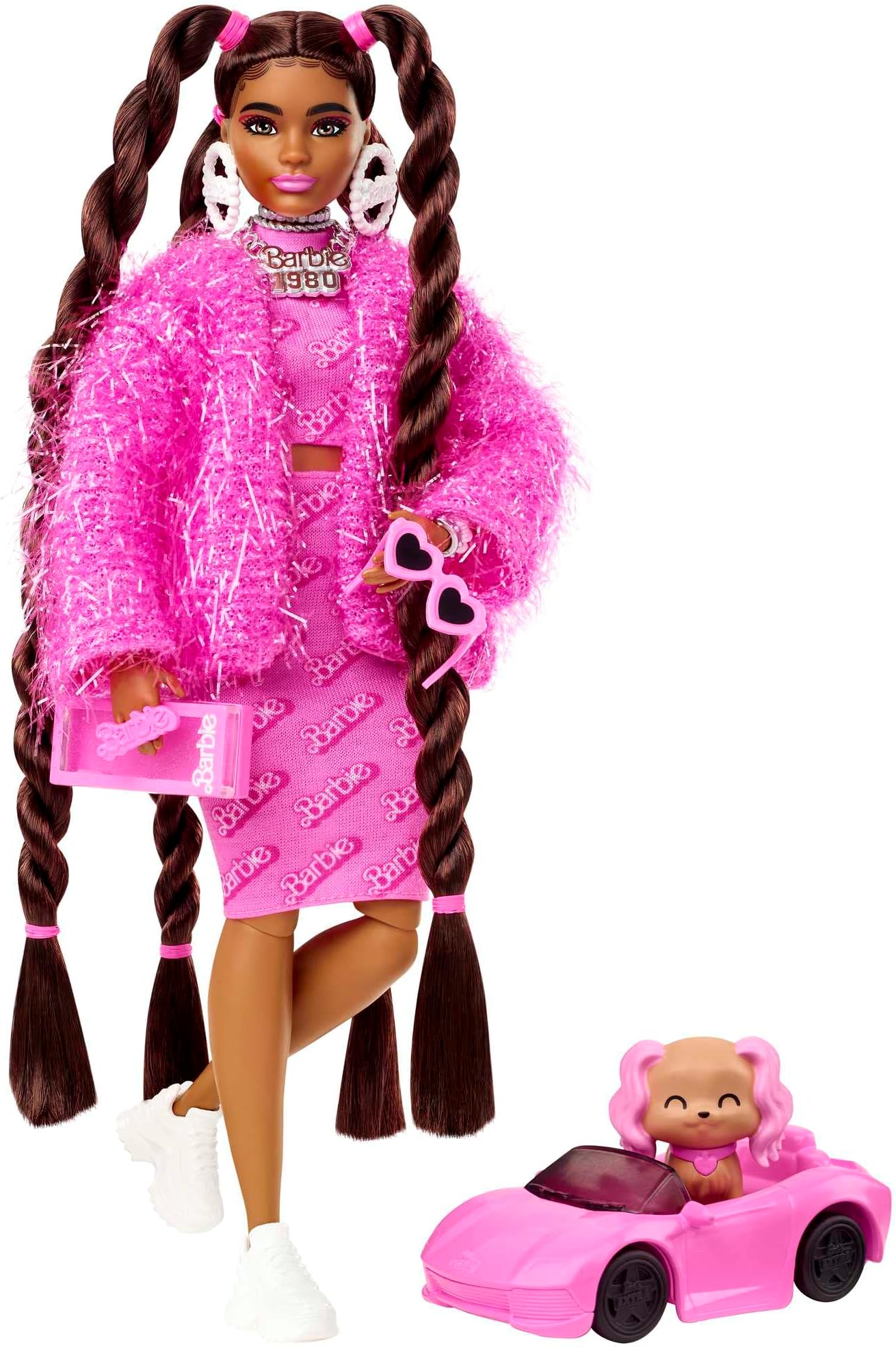 Barbie Extra Doll #14 in Pink 2-Piece Outfit & Sparkly Jacket with Pet Puppy, Extra-Long Hair & Accessories, Flexible Joints, for 3 Year Olds & Up