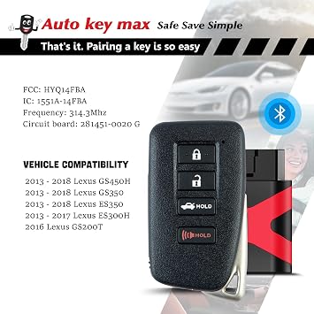 Remote Key Fob Replacement, Programmable Keyfob, Replacement Car Keys and Fob for 2013-2018 Lexus ES350 GS350 GS450H Smart Remote HYQ14FBA 281451-0020