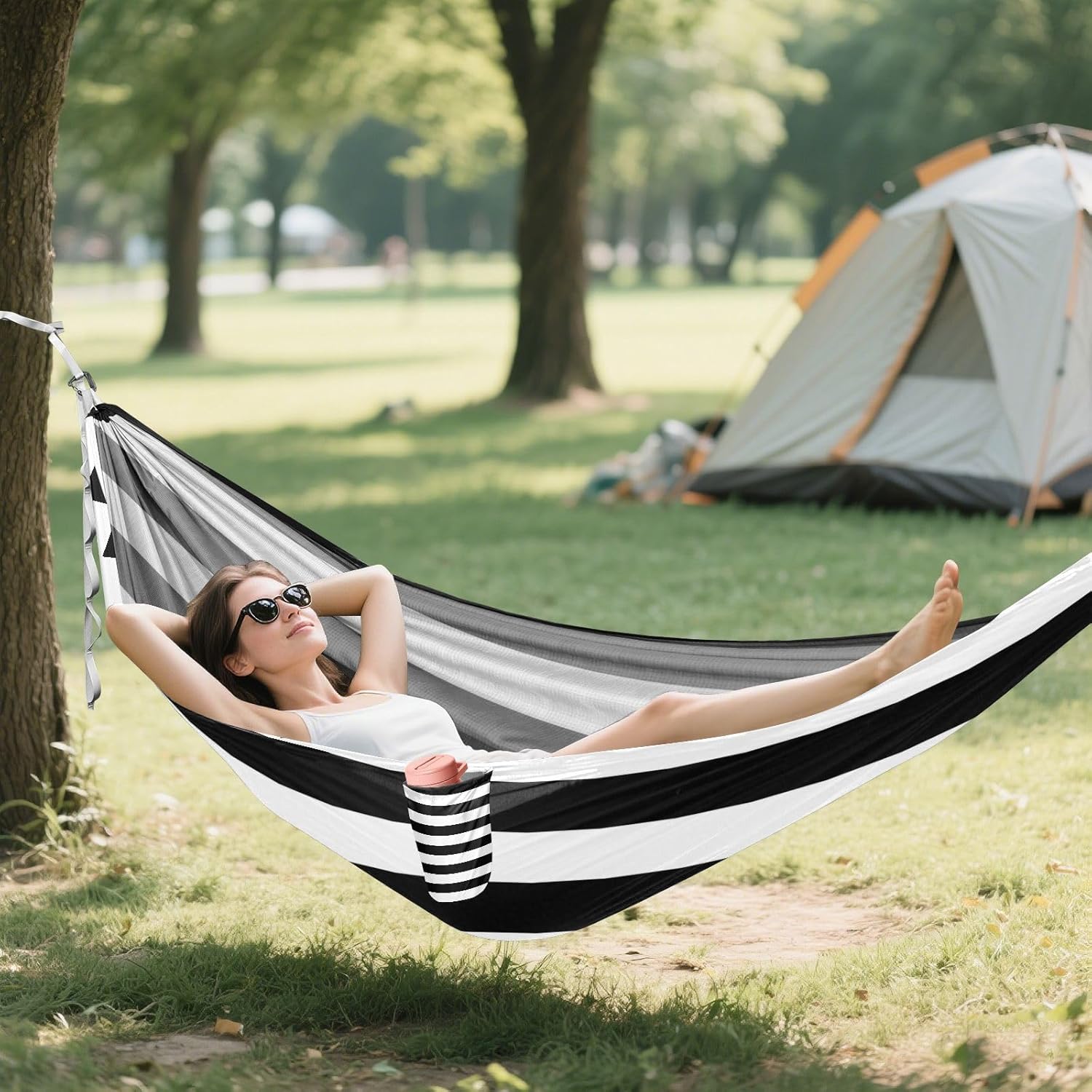 Black White Stripes Camping Hammock, Portable Lightweight Single Hammock with Tree Straps and Aluminum Carabiners, 114" x 54" Travel Hammock for Hiking Backpacking Beach