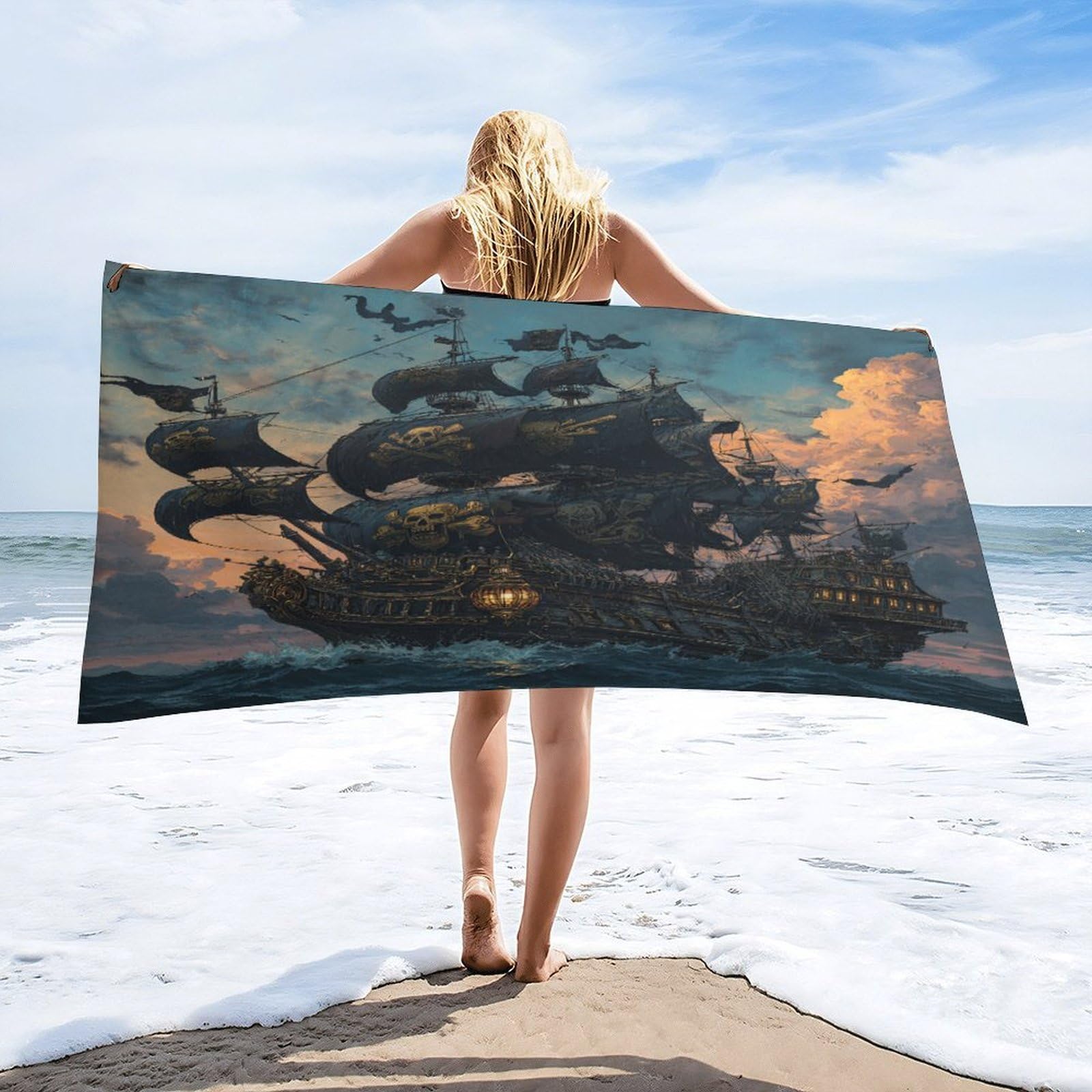 Luyysky Classic Nautical Pirate Ship Quick-Drying Beach Towel, Modern Oil Painting Sunset Ocean Waves Animal Bird Seagulls Travel Vacation Single Sided Pile Bathroom Towels-80 W Cm X 160" L Cm