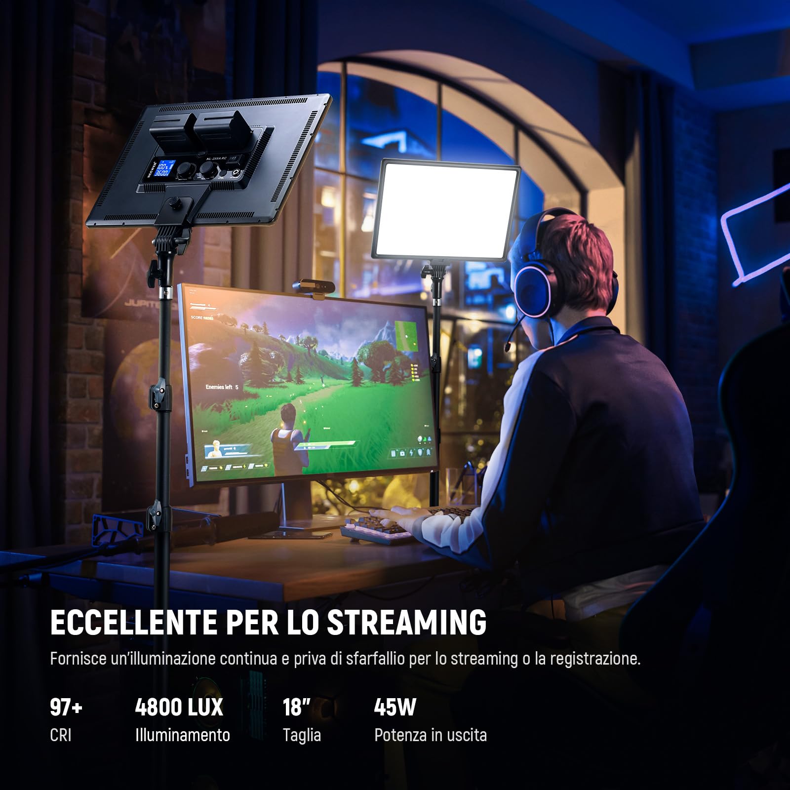 NEEWER Kit Illuminazione Fotografia di 18" Pannello Luce Video LED + Stativo Telecomando Panno Pulizia, 2pz Key Light 45W Dimmerabile Bicolore da Studio 3200K-5600K CRI97+ 4800Lx per Streaming Riprese