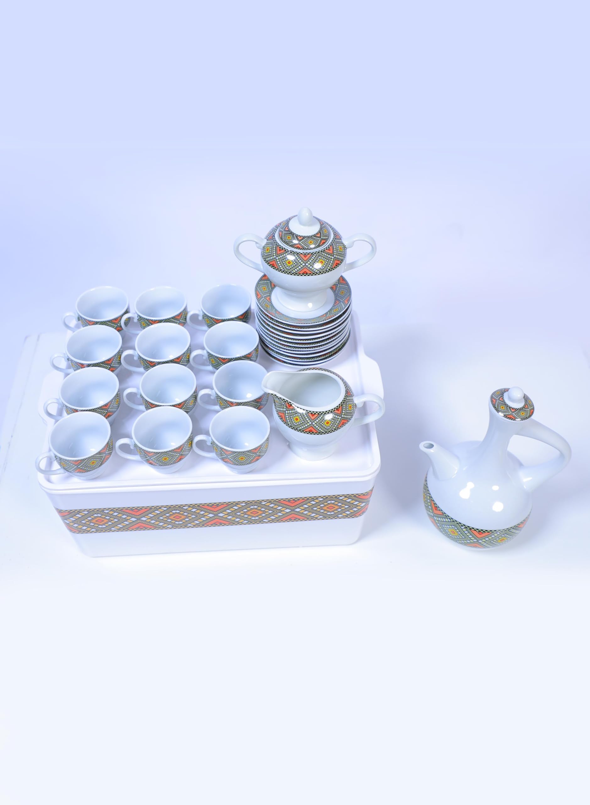 29-Piece Ethiopian/Eritrean Coffee Set with Box Tilet Edition. Full set, 29 Pcs. Comes with 12 cups, 12 saucer, sugar+milk pot and box (Rocobot) (cup-saba-001)
