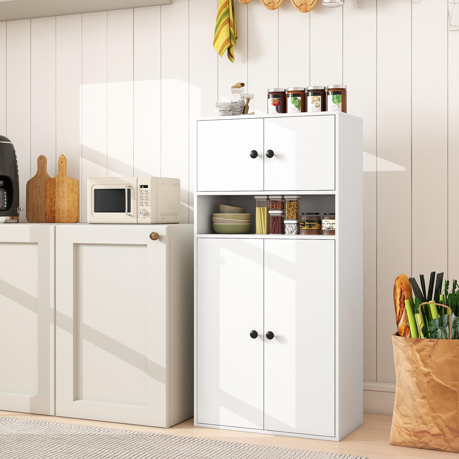 GIANTEX Libreria con 4 ante, mobile da cucina con ripiano regolabile e scomparto aperto, credenza per cucina, soggiorno, sala da pranzo, 54 x 30 x 111 cm (bianco)