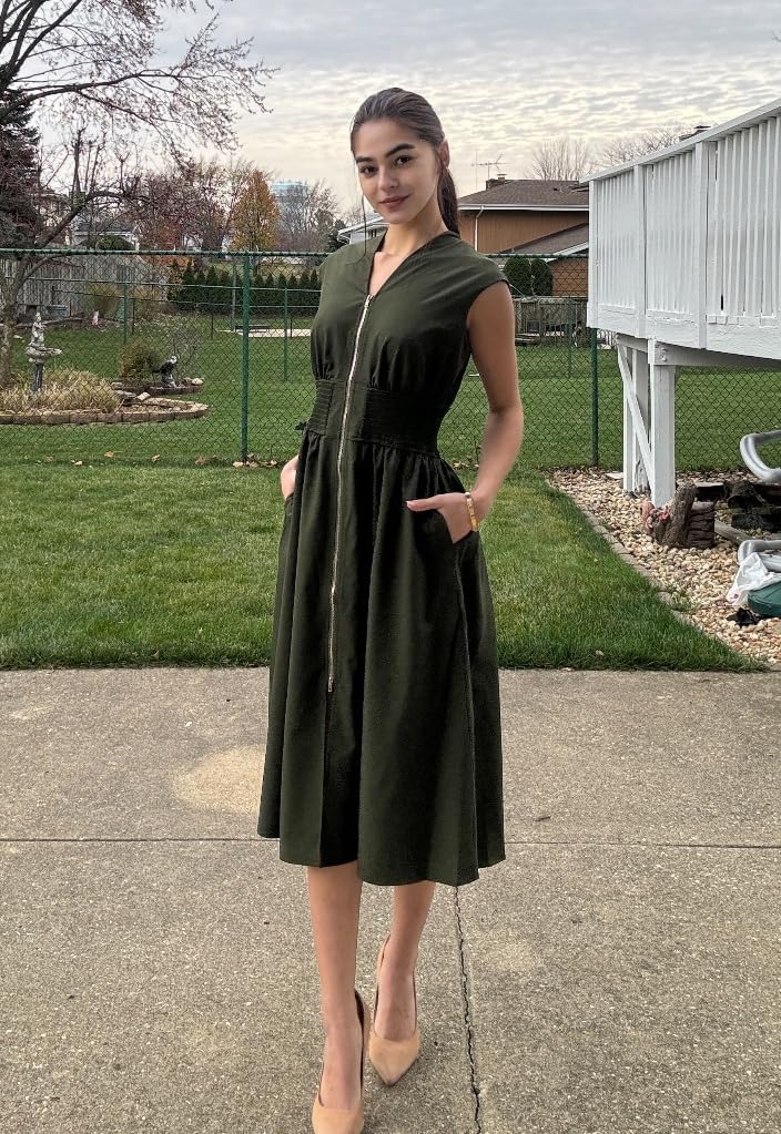 GRACE KARIN Womens Summer Casual Dress, Business Office Work Dresses, Cap Sleeve Zipper Front Flowy Midi Dress with Pockets - Image 4