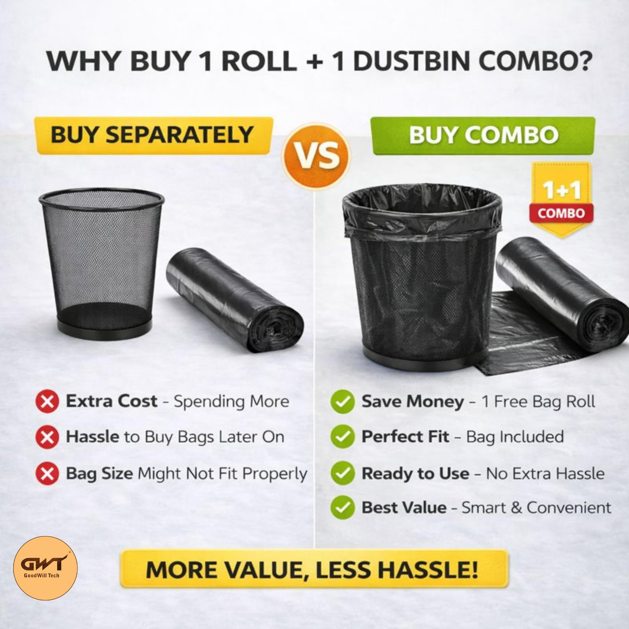 GoodWill Tech Metal Mesh Waste Dustbin with Garbage Bags Combo | 9.4L Small Black Dustbin for Home, Kitchen & Office | Durable Mesh Bin + Trash Bag Roll (Combo - 1 Dustbin + 1 Garbage bag Roll) 3
