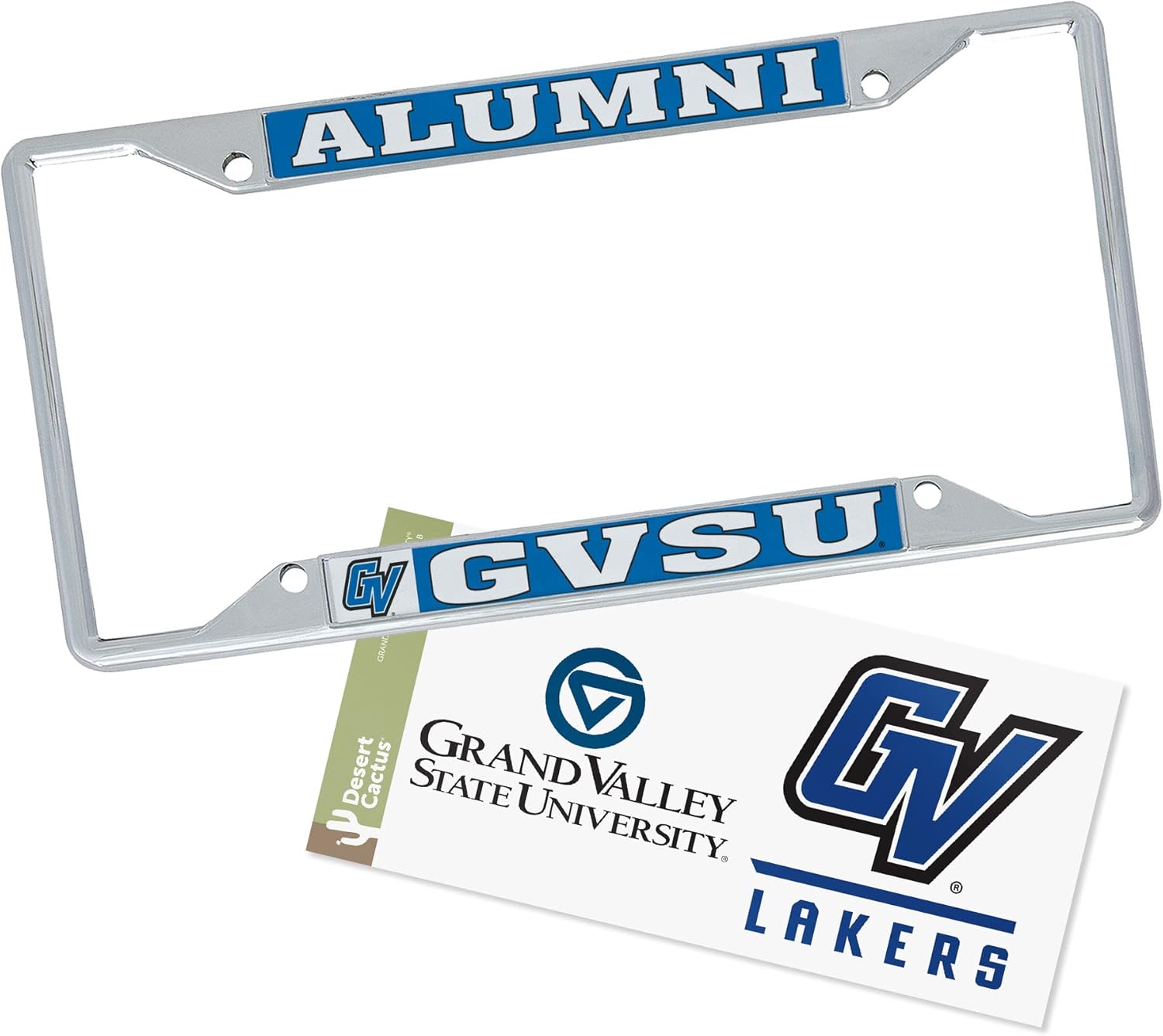 Desert Cactus Grand Valley State University License Plate Frame Metal Car Tag Holder and Sticker for Front or Back of Car Officially Licensed (Sticker Frame Combo - Alumni)