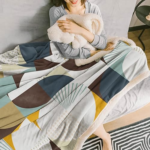 Miniatura 5 de Sherpa Blanket Flannel Fleece Throw,Brown White Geometry Color Block Soft Warm Blankets TV Throws,Mid Century Nordic Style Thick Reversible Blanket