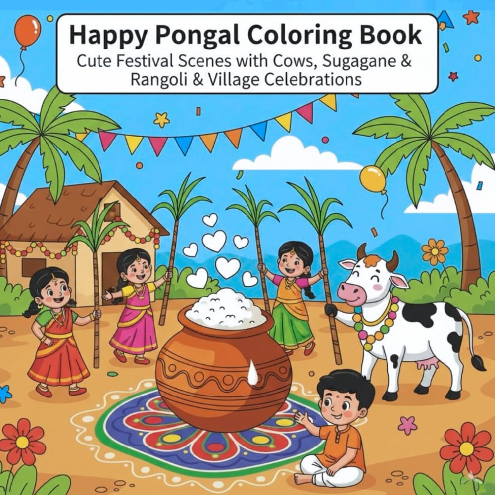 Happy Pongal Coloring Book: Cute Festival Scenes with Cows, Sugarcane, Rangoli & Village Celebrations