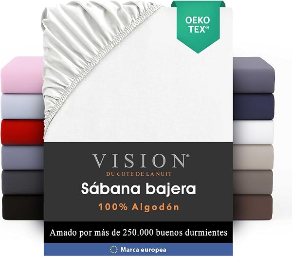 VISION Sábana Ajustable - 100% algodón - Cama Individual (90 x 190 cm) - Esquinas elásticas - Se Adapta a colchones de hasta 25 cm - Certificación Oeko-Tex - Lavable a máquina - Color: Blanco - 1