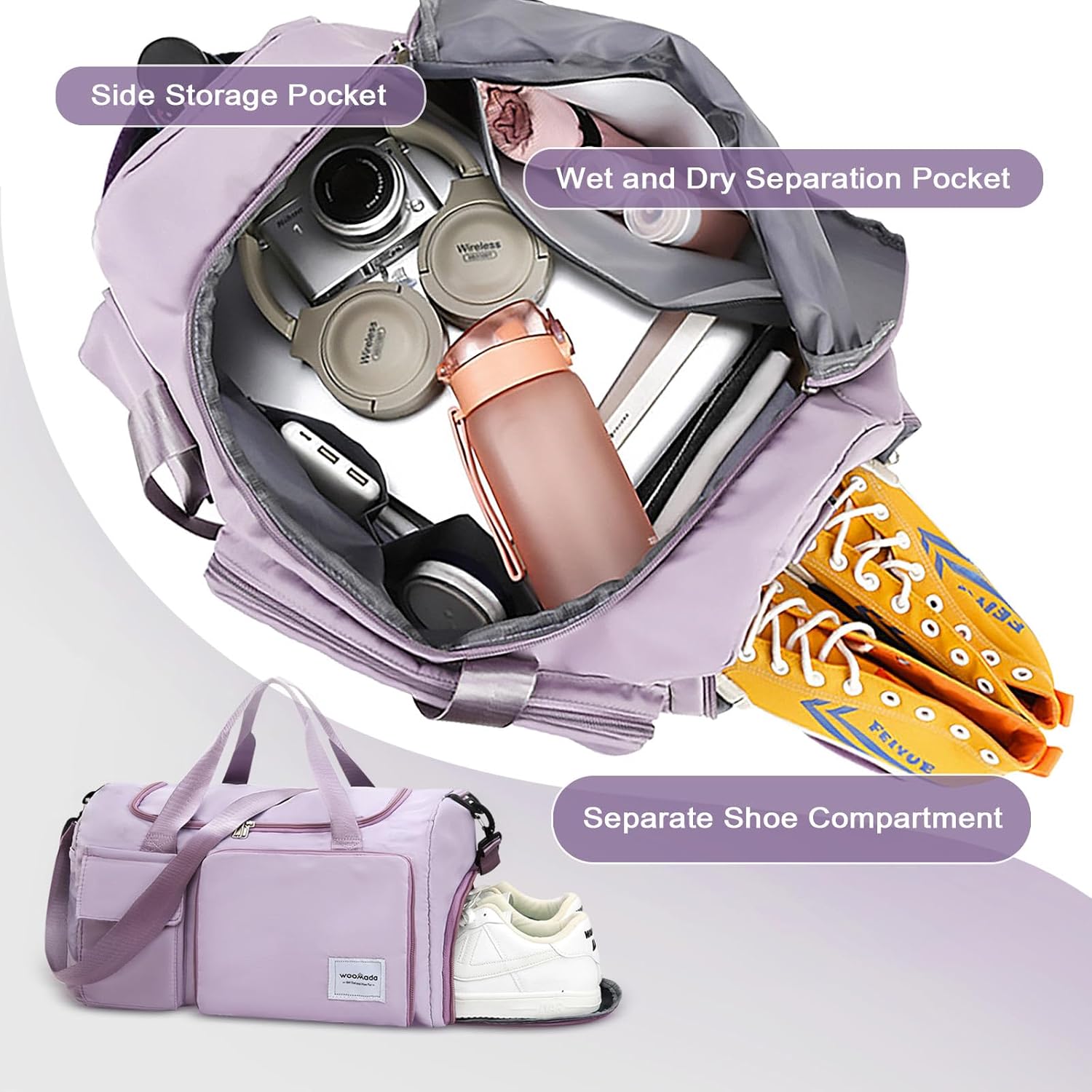 WOOMADA Foldable Travel Duffel Bag with Shoes Compartment, Overnight Bag with Wet Pocket, Weekender Carry On with cosmetic bag for Women(grayish purple) - Image 5
