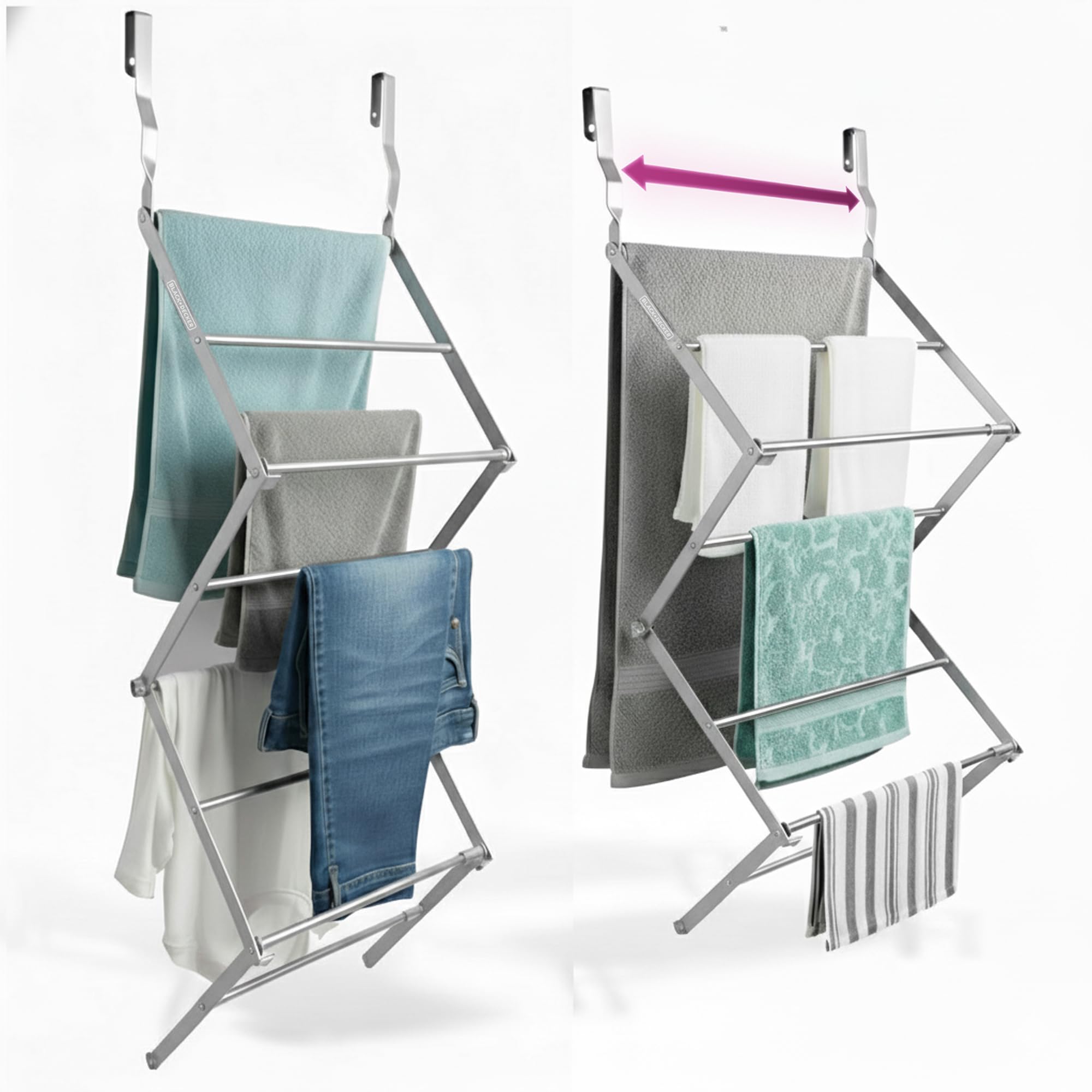 Black+Decker Silver Over The Door Expandable Telescopic Drying Rack, Clothes Organizer, Towel Hanger, Laundry, Collapsible,