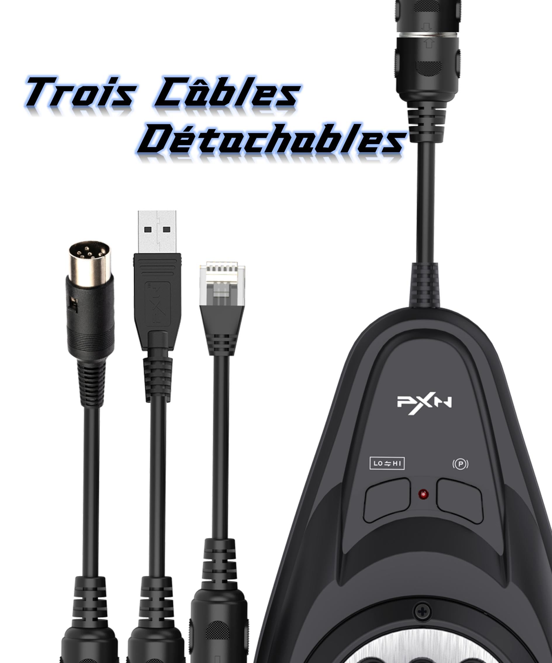 PXN A7 Levier de Vitesse, Gear Shifter pour Volant avec 6 Vitesses, 3 Câbles (USB, RJ11, DIN), Marche Arrière, Bouton de Vitesse Haut/Bas, Bouton de P, H Shifter, Universel sur PC | H-Shifter 6 vitesses, reverse par enfoncement, frein, boutons haut/bas, c