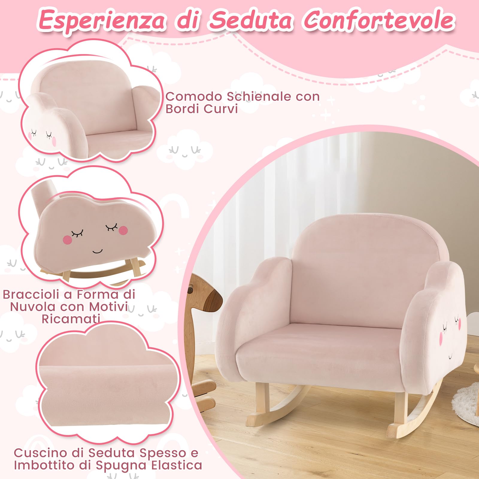 COSTWAY Sedia a Dondolo per Bambini 1-5 Anni, Poltrona Imbottita per Bambini con Gambe in Legno Massello e Piedini Antiscivolo, per Sala Giochi, Camera da Letto e Asilo