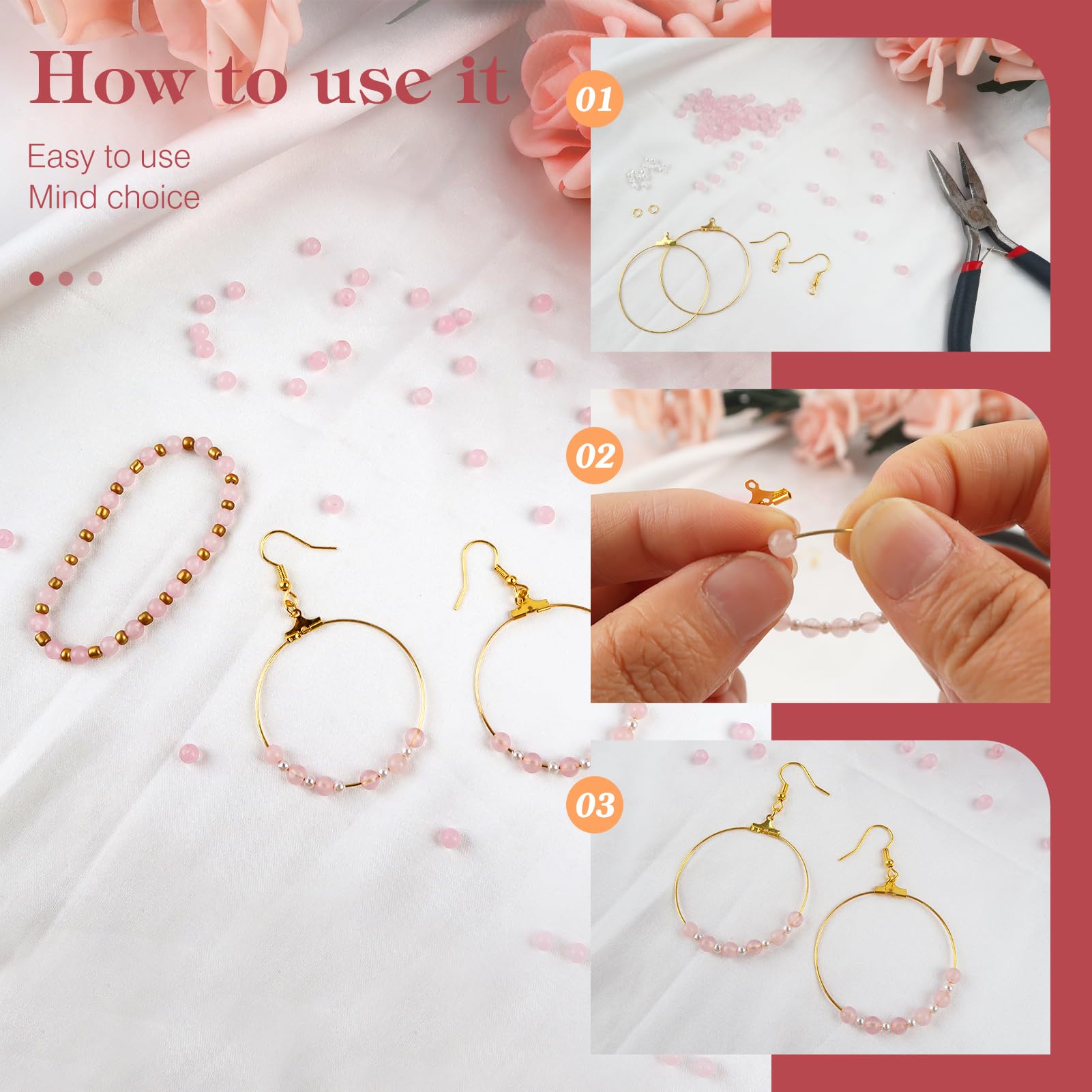 340 Perline Di Quarzo Rosa Naturali TOAOB - Diametro 4mm, Foro 0.8mm, Per Bracciali, Collane E DIY, Colore Vivace E Lucido - Foto 3