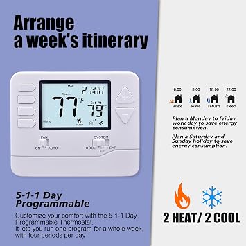 Heagstat 5-1-1 Day Programmable Thermostat for Home, up to 2 Heat/ 2 Cool, DIY Install - C-Wire Not Required