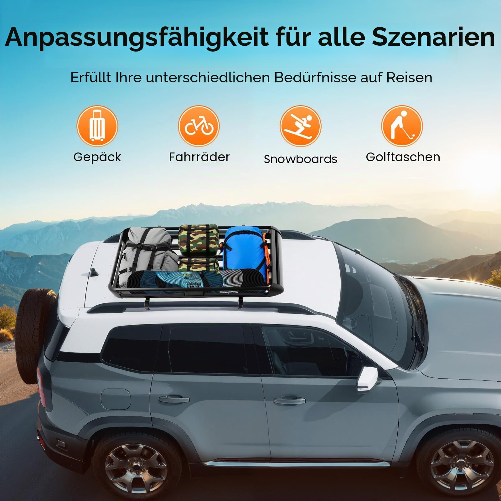 140cm Dachgepäckträger Dachkorb Offroad Aluminium Auto Dachkorb Schwarz Universal Dachgepäckträger Korb Auto Dachständer Korbwanne, Gewichtskapazität 150kg