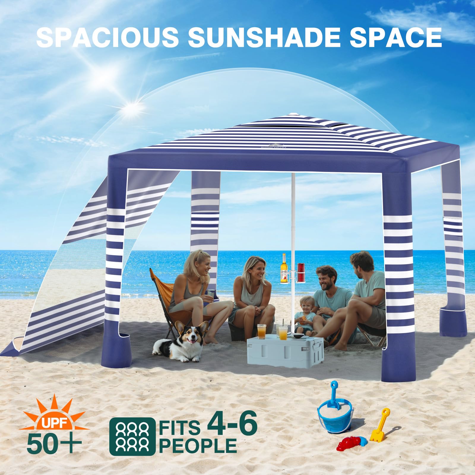 COMMOUDS Tente de plage avec 4 poteaux en aluminium UPF54+ Pare-soleil