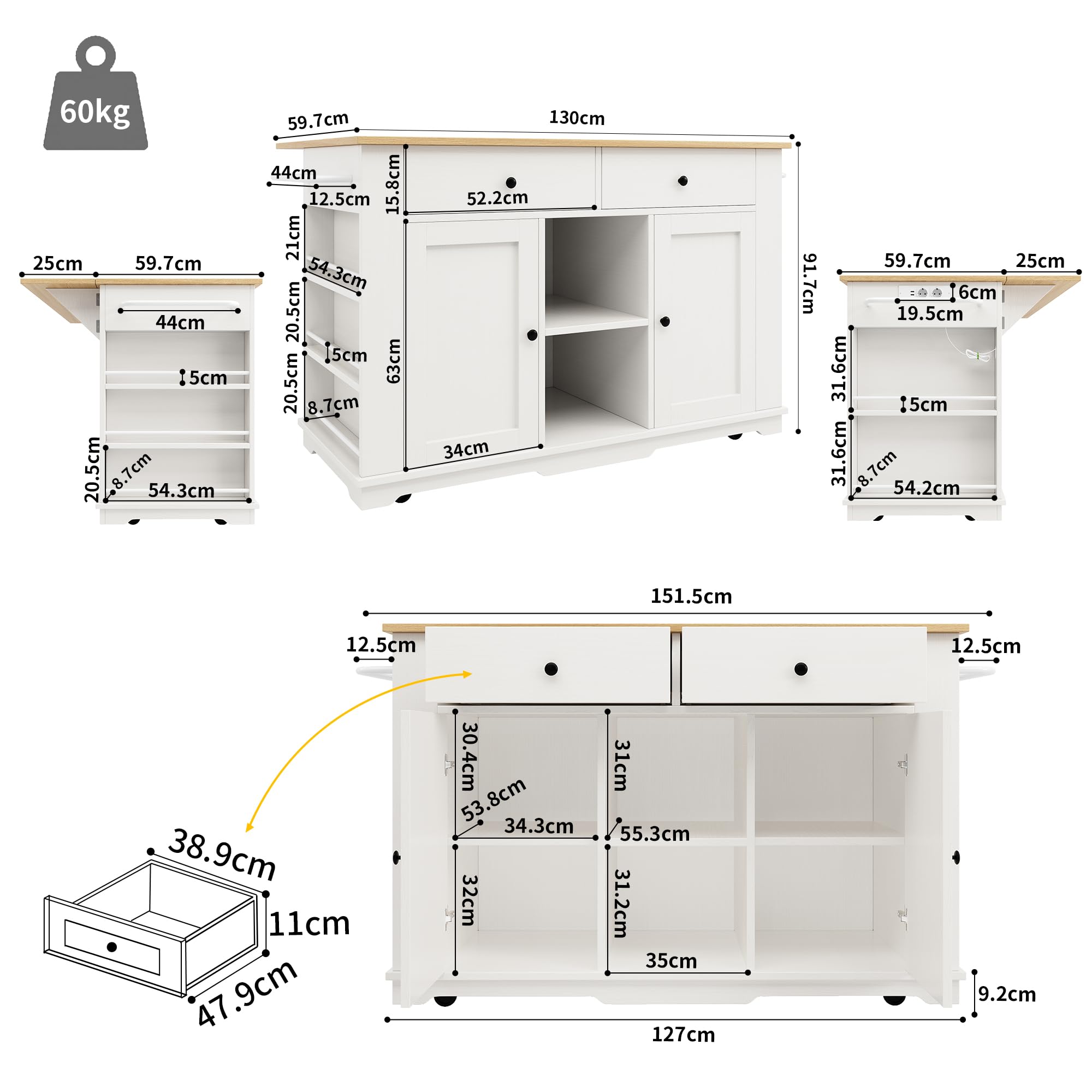 Merax Isla de cocina con encimera, carrito de cocina móvil equipado con regleta, armario buffet con 2 puertas, 2 cajones, estante para especias, toallero, 151,5 x 84,7 x 91,7 cm, color blanco