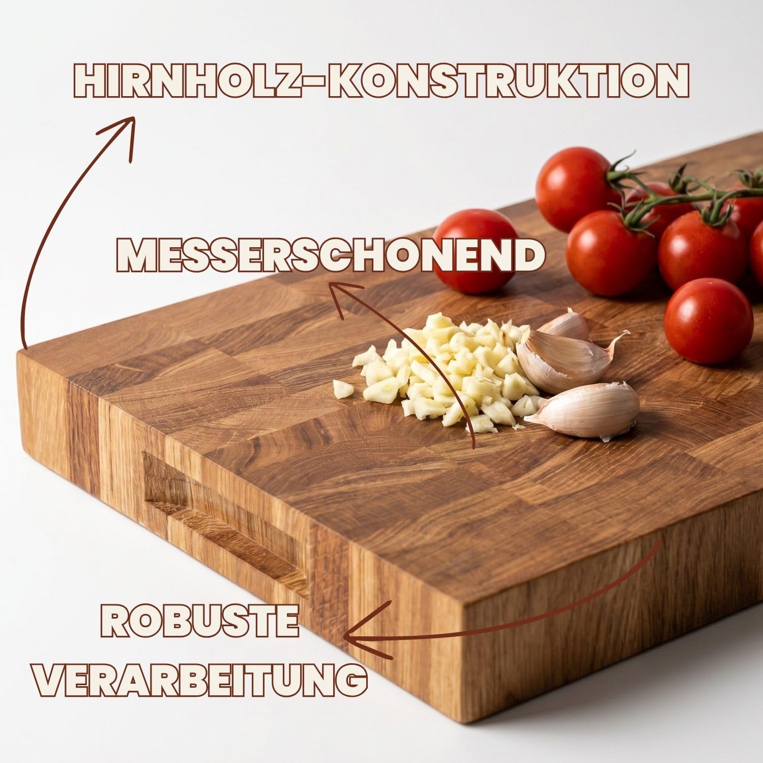 Premium Stirnholz Schneidebrett Eiche massiv und stabil 40 x 30 x 4 cm | 40 x 30 x 4 cm, Messerschonend, Robuste Stirnholzfläche, Rutschfest durch hohes Gewicht, Langlebig Massivholz