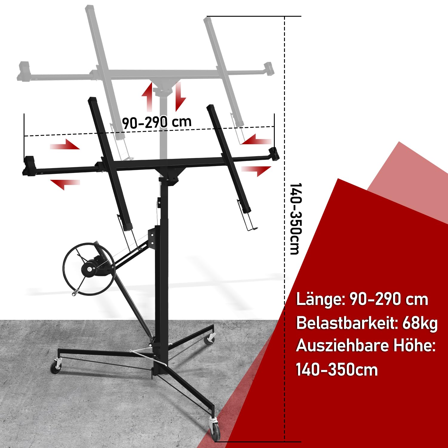 XXL Plattenheber bis max 68 kg für Rigipsplatten 140-350cm Arbeitshöhe höhenverstellbar, max 290cm Lastarmbreite, Einfache Anpassung, Schwarz
