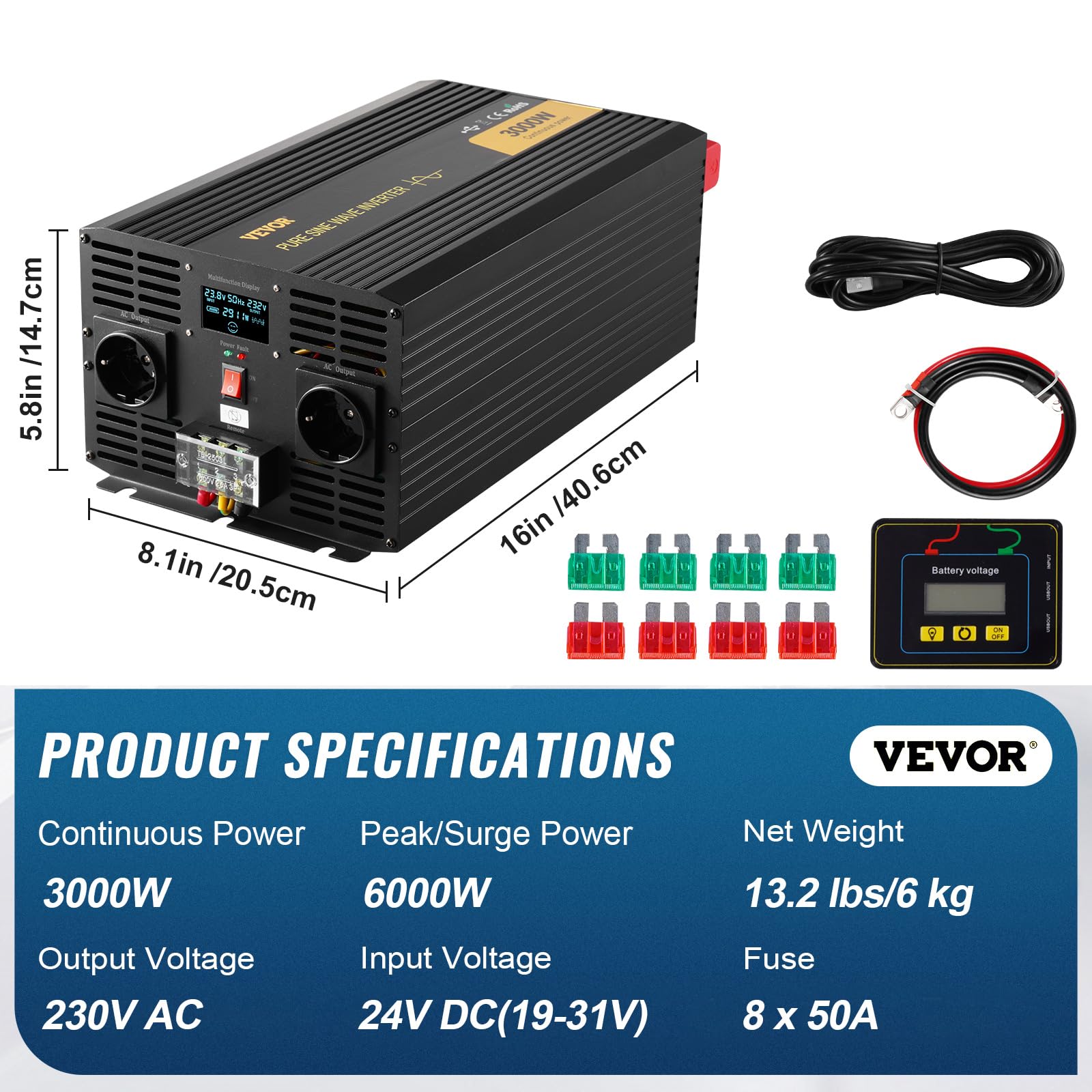VEVOR Invertitore a Onda Sinusoidale Pura, 3000 W Invertitore di Potenza, DC 24 V a AC 230 V Invertitore per Auto con Schermo LCD Porta USB, Telecomando, per Camper Sistema Solare Viaggio Campeggio