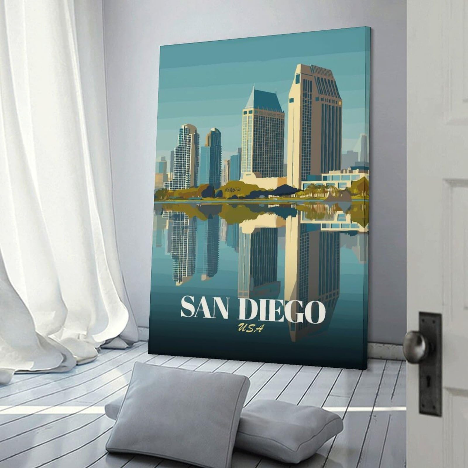 Junmoney San Diego Skyline Reflection Wall Picture Print 16x24inch(40x60cm), for Home Office, Desk Area Or Studio, Home Office Artwork with Decorative Appeal