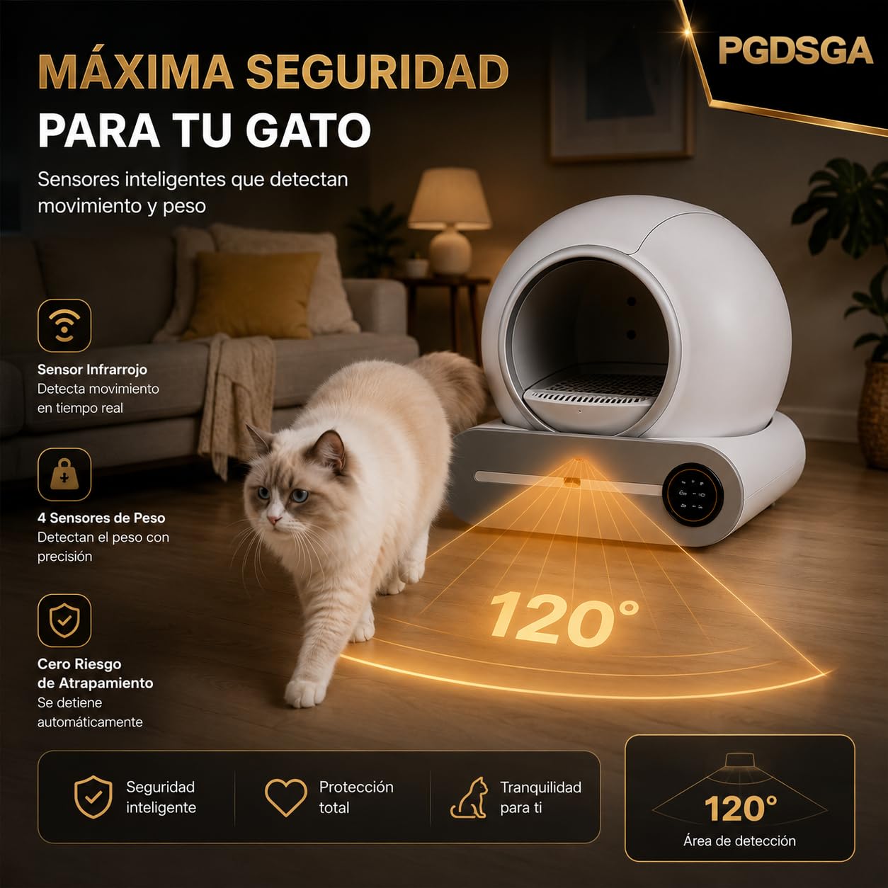 PGD​​SGA Arenero Automático para Gatos Autolimpiable con App, 65+9L, Desodorización por Iones Negativos, Control Inteligente de Seguridad, Incluye 5 Rollos de Bolsas, Ideal para Varios Gatos