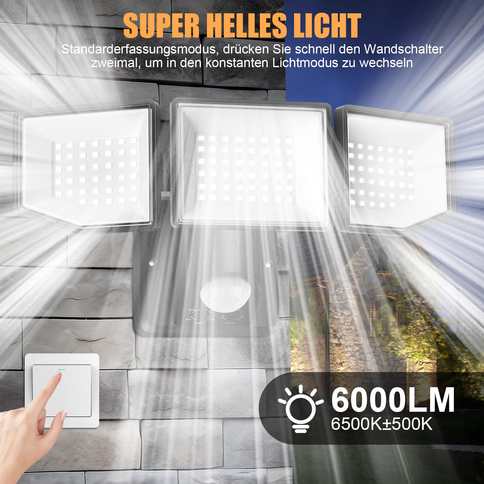 LED Strahler mit Bewegungsmelder Außen, 6000LM 38W Superhell Außenstrahler mit verstellbaren 3 Köpfe, 6500K Kaltweiß LED Scheinwerfer, IP65 Wasserdicht Aussenleuchte für Garage, Garten, Hof…